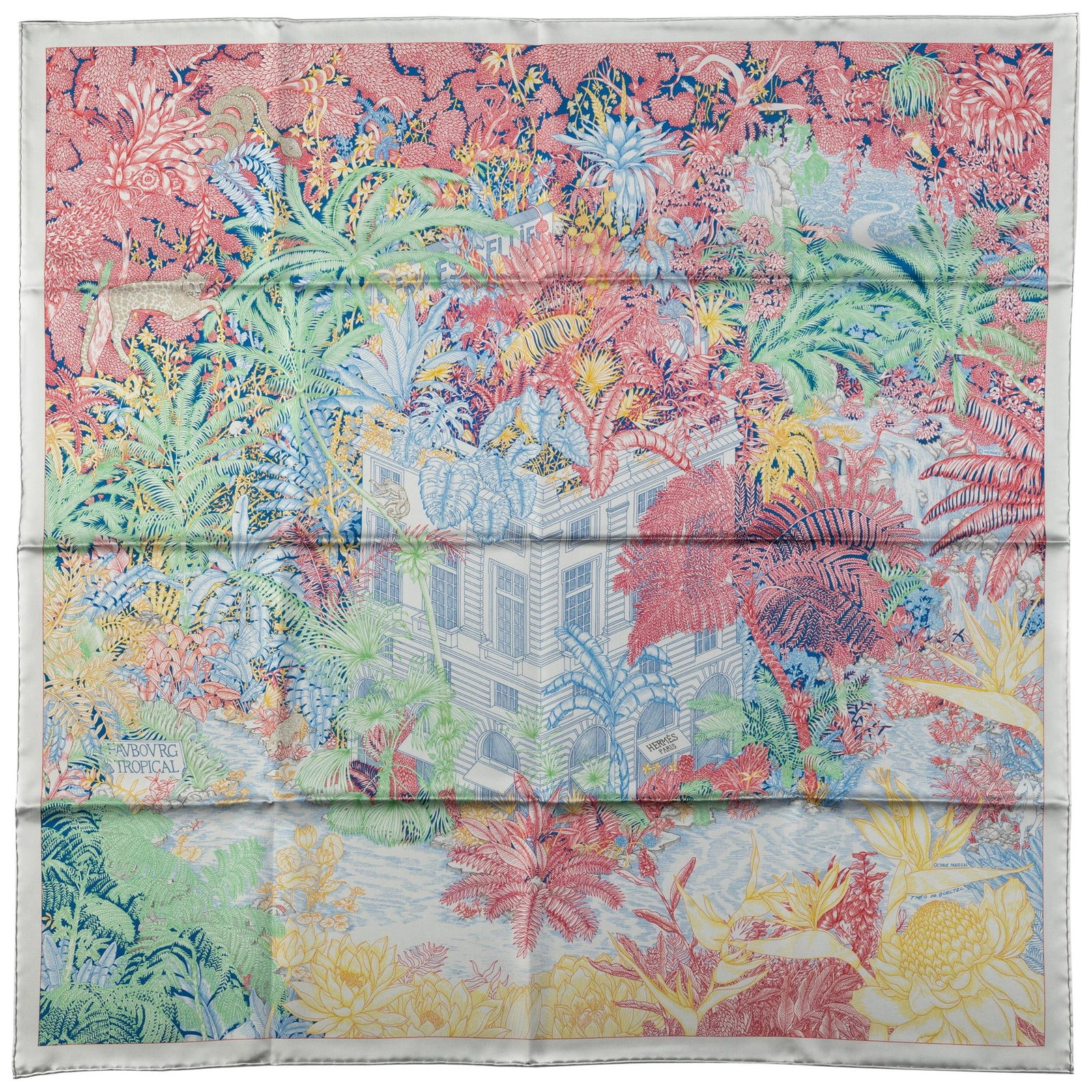 Hermes Tropical Multi-Color Silk Scarf 35 in New in Box: Hermes Tropical Multi-Color Silk Scarf 35 in New in Box Introducing a stunning Hermes Tropical Multi-Color Silk Scarf, a luxurious accessory that embodies the vibrant essence of a tropical garden. Thi