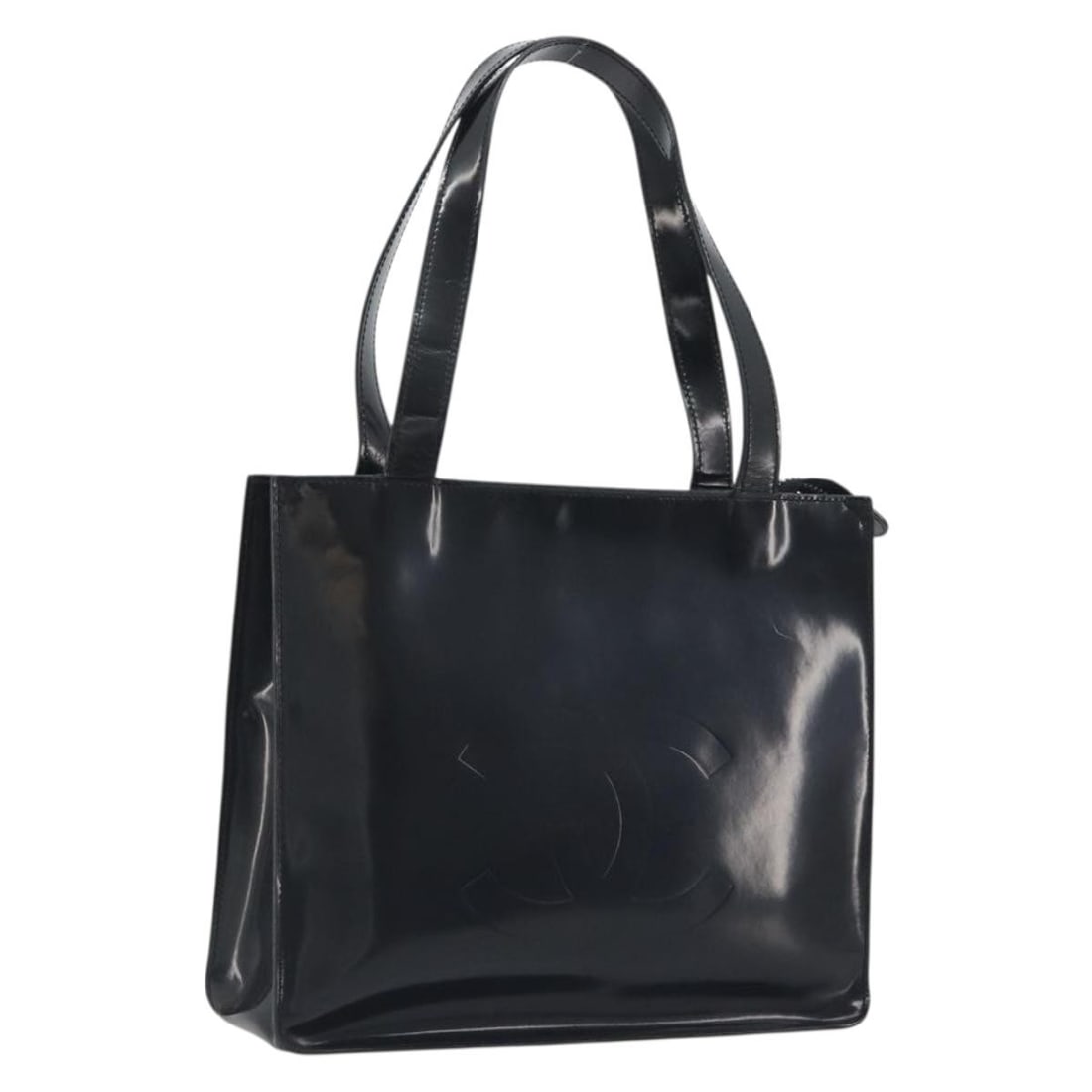 CHANEL black enamel tote bag with silver CC guarantee card: CHANEL black enamel tote bag with silver CC guarantee card Authentic CHANEL tote bag in black enamel with silver-tone CC detailing. Made in France, this women's tote includes the guarantee card. Condi