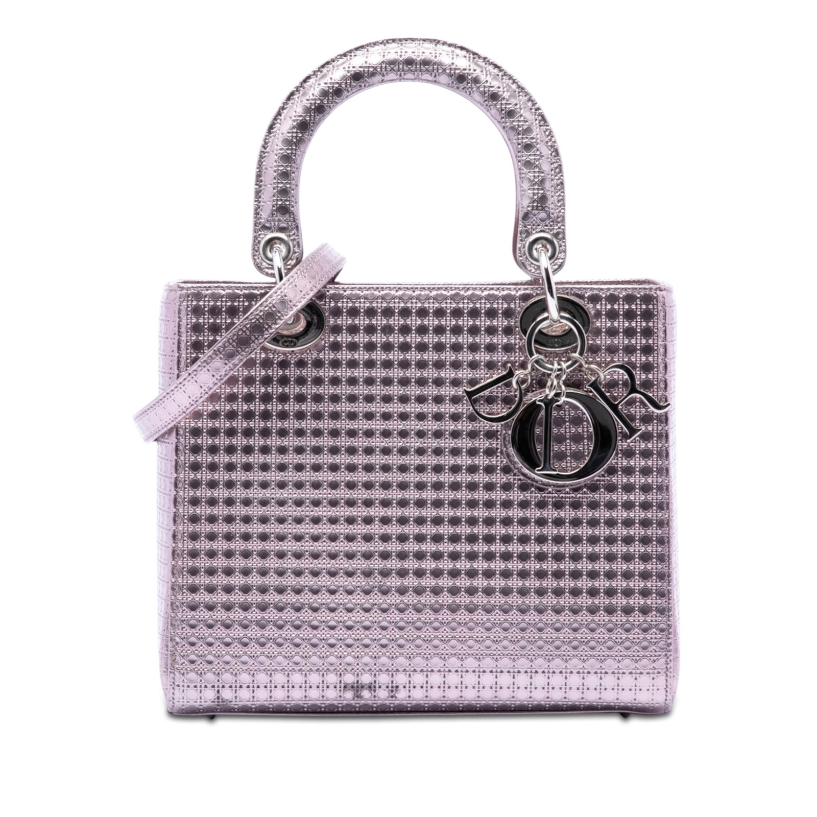 Dior Lady Dior Medium Purple Metallic Patent Leather Handbag: Dior Lady Dior Medium Purple Metallic Patent Leather Handbag Medium Lady Dior handbag in purple metallic patent leather with Microcannage quilting. It features flat patent leather handles, a detachabl