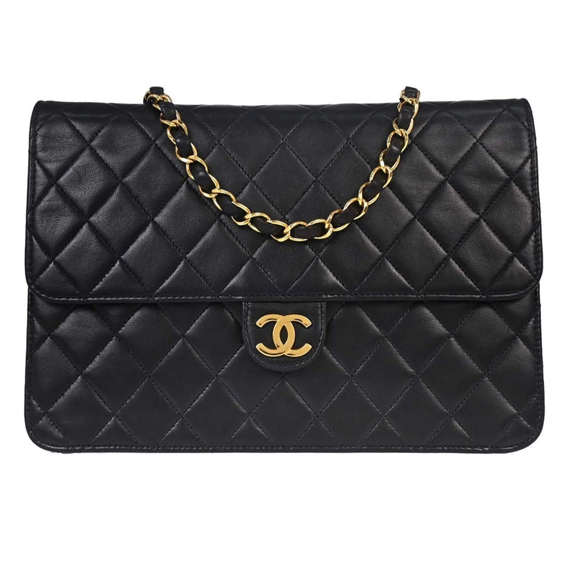 CHANEL Classic Single Flap Medium Lambskin Shoulder Bag Black: CHANEL Classic Single Flap Medium Lambskin Shoulder Bag Black This Chanel Classic Single Flap shoulder bag is crafted from black lambskin with a turn lock closure and a crossbody strap. It is a medium