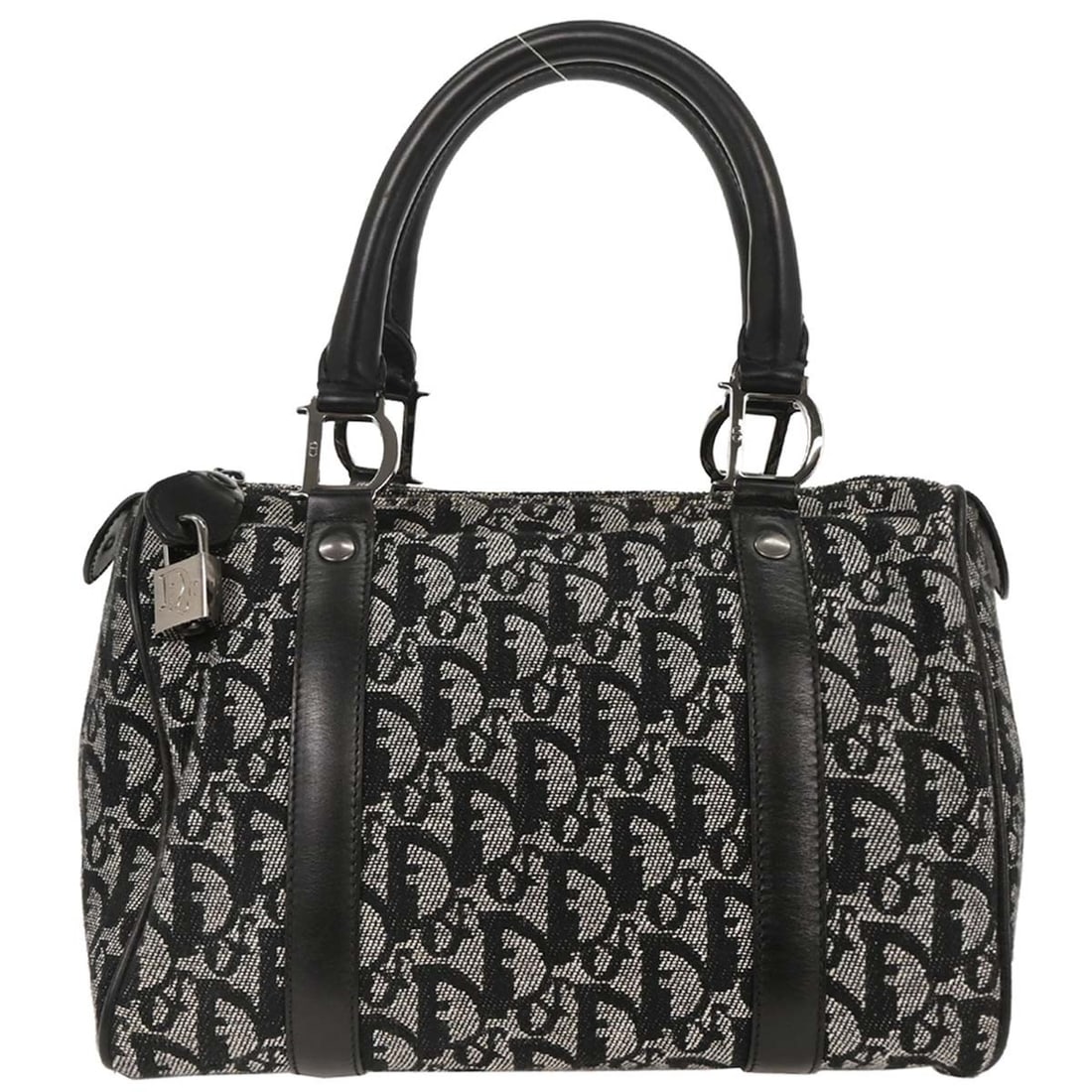 Dior Trotter Black Canvas Leather Duffle Handbag with Padlock Key: Dior Trotter Black Canvas Leather Duffle Handbag with Padlock Key Christian Dior black Trotter duffle handbag with double handles and zip-top closure. Crafted from canvas and leather, this medium hand