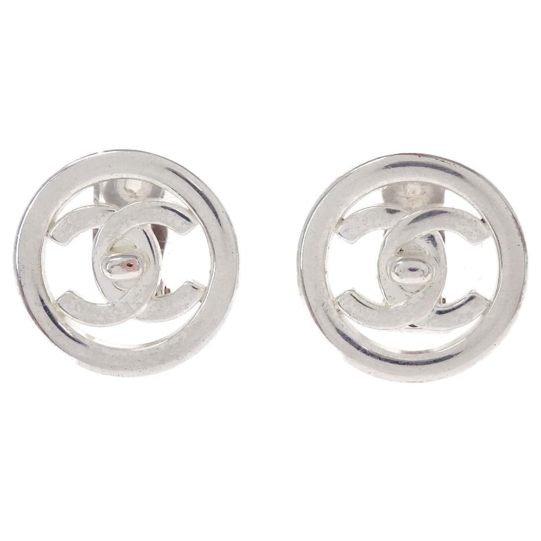 CHANEL 97P Silver Plated Button Clip On Earrings (1 of 5)