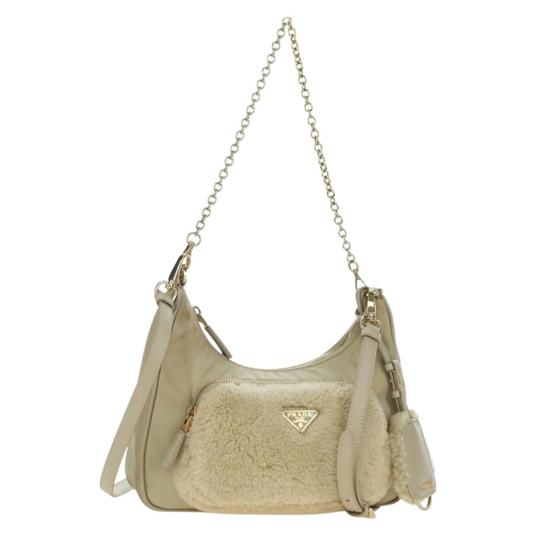 PRADA 3way Nylon Shoulder Bag Beige Gold with Dust Bag Strap: PRADA 3way Nylon Shoulder Bag Beige Gold with Dust Bag Strap Prada 3-way shoulder bag crafted in beige nylon with gold-tone detailing. Made in Italy, this women's bag includes a dust bag and shoulder 