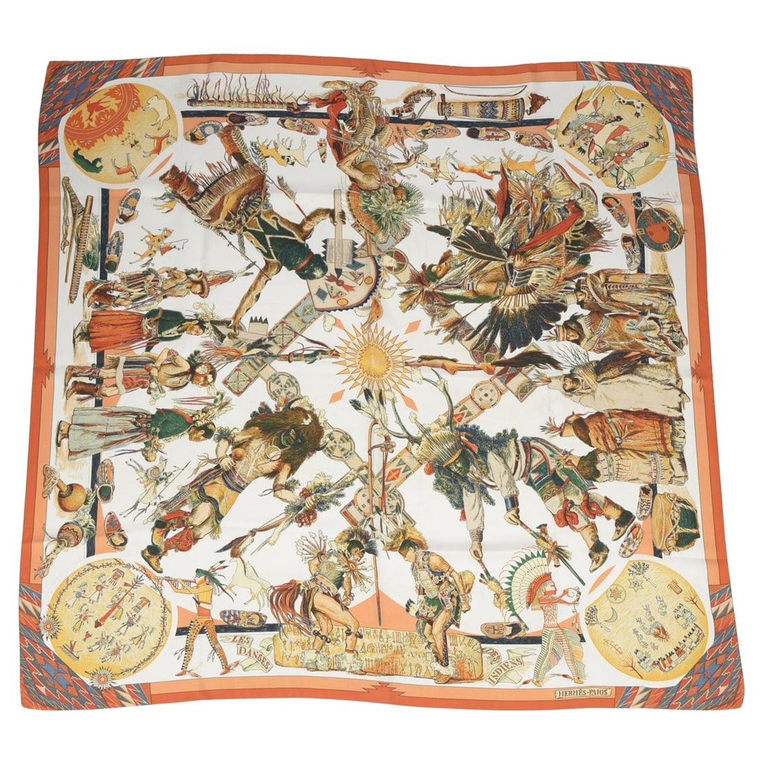 Silk Scarf Les Danses des Indiens by Hermes 34 Inch Square: Silk Scarf Les Danses des Indiens by Hermes 34 Inch Square This Hermes "Les Danses des Indiens" scarf is crafted from 100% silk and designed by American artist Kermit Oliver. The scarf features illust