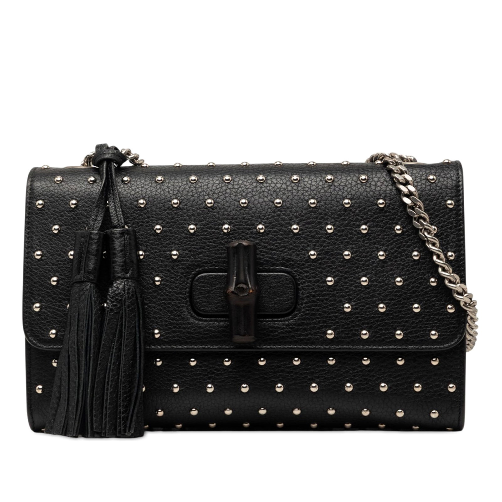 Gucci Miss Bamboo Medium Black Leather Studded Crossbody Bag: Gucci Miss Bamboo Medium Black Leather Studded Crossbody Bag Gucci Medium Miss Bamboo crossbody bag crafted in black studded leather with a chain link shoulder strap and a front flap with bamboo twist