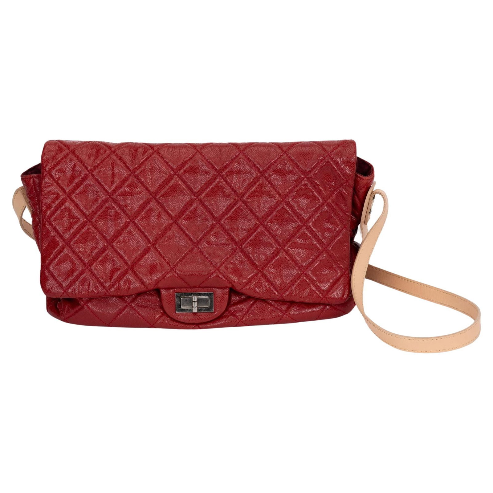 Chanel Red Caviar Jumbo Reissue Cross Body Bag with Hologram: Chanel Red Caviar Jumbo Reissue Cross Body Bag with Hologram This exquisite Chanel Red Caviar Reissue Jumbo Cross Body Bag is a timeless piece from the 21st Century collection. Crafted from luxurious 