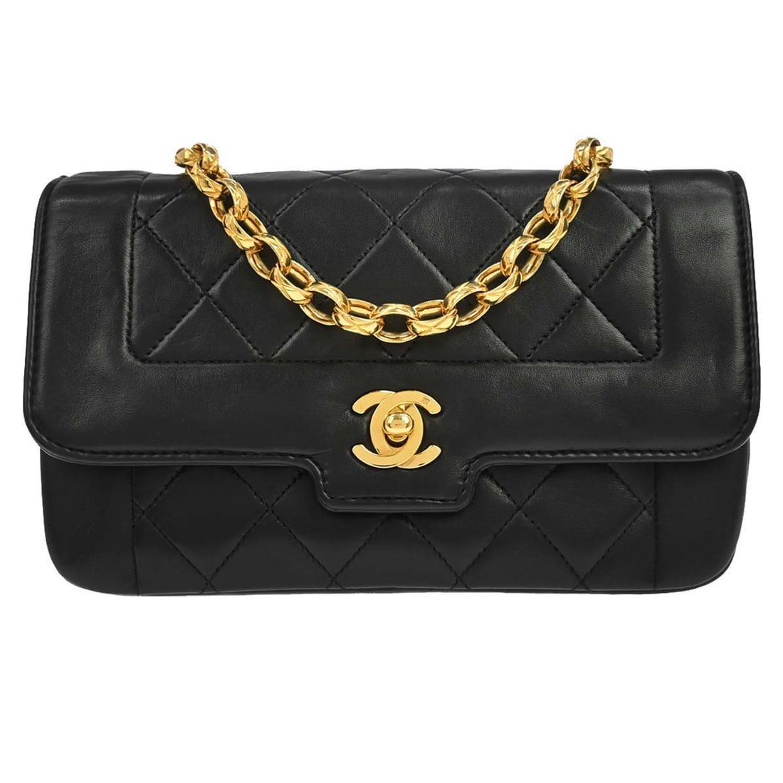CHANEL Matelasse Small Shoulder Bag in Black Lambskin: CHANEL Matelasse Small Shoulder Bag in Black Lambskin Chanel single flap shoulder bag in black lambskin with a matelasse pattern and turnlock flap closure. This small shoulder bag features a black lin