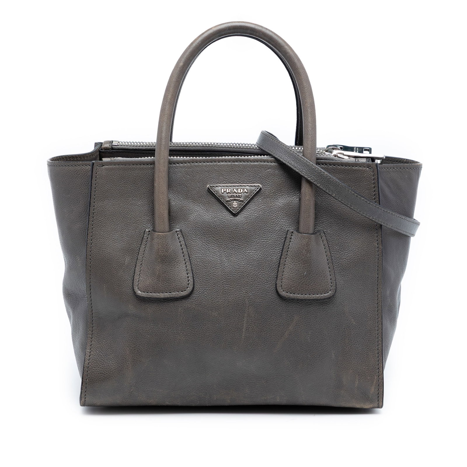 Prada Gray Leather Twin Pocket Small Satchel with Detachable Strap: Prada Gray Leather Twin Pocket Small Satchel with Detachable Strap This Prada Small Glace Calf Twin Pocket Satchel features a gray leather body, rolled leather handles, and a detachable flat leather s