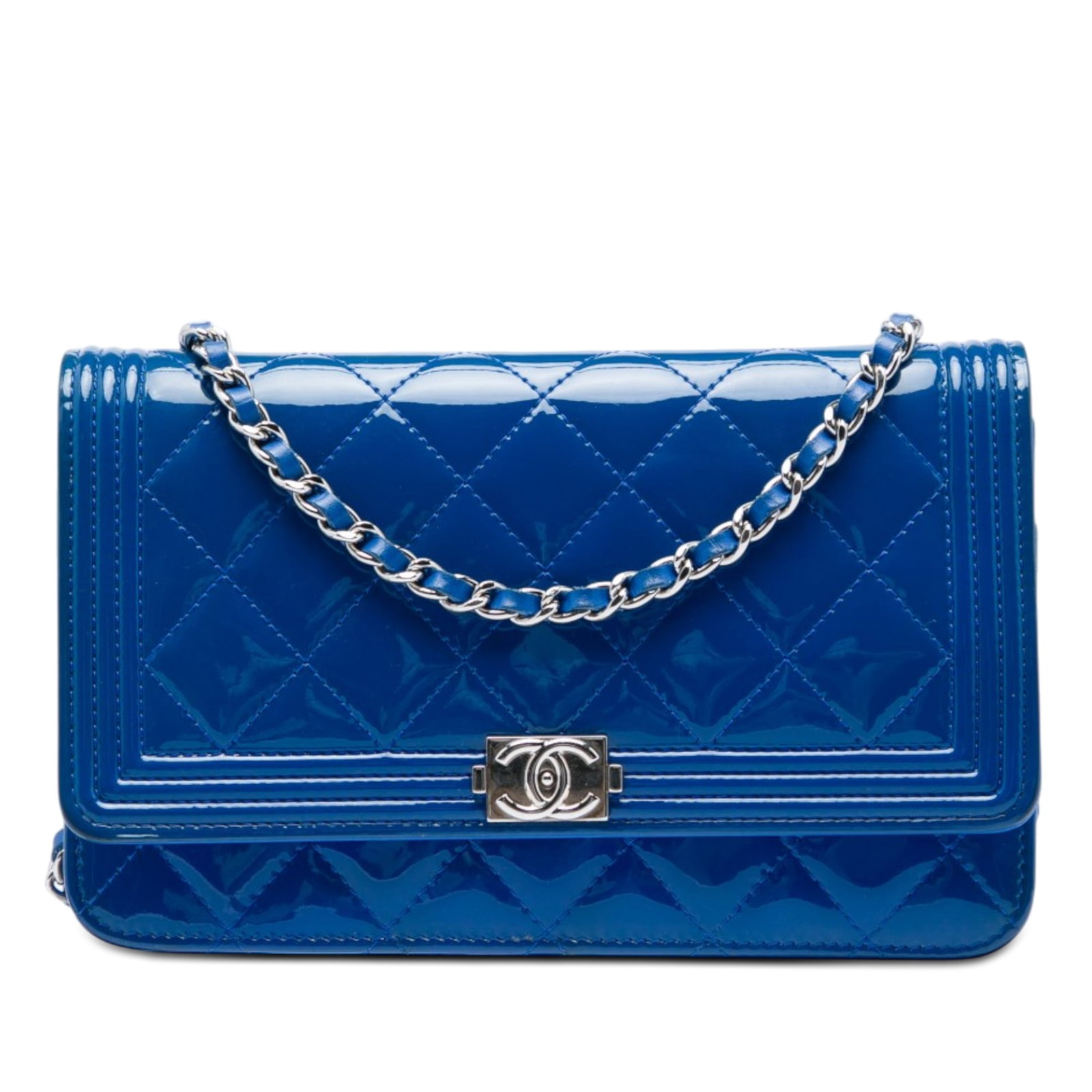 Chanel Boy Wallet on Chain Blue Quilted Patent Leather Bag: Chanel Boy Wallet on Chain Blue Quilted Patent Leather Bag Chanel Quilted Patent Boy Wallet on Chain in blue quilted patent leather with a leather-woven chain strap and front flap snap closure. The in