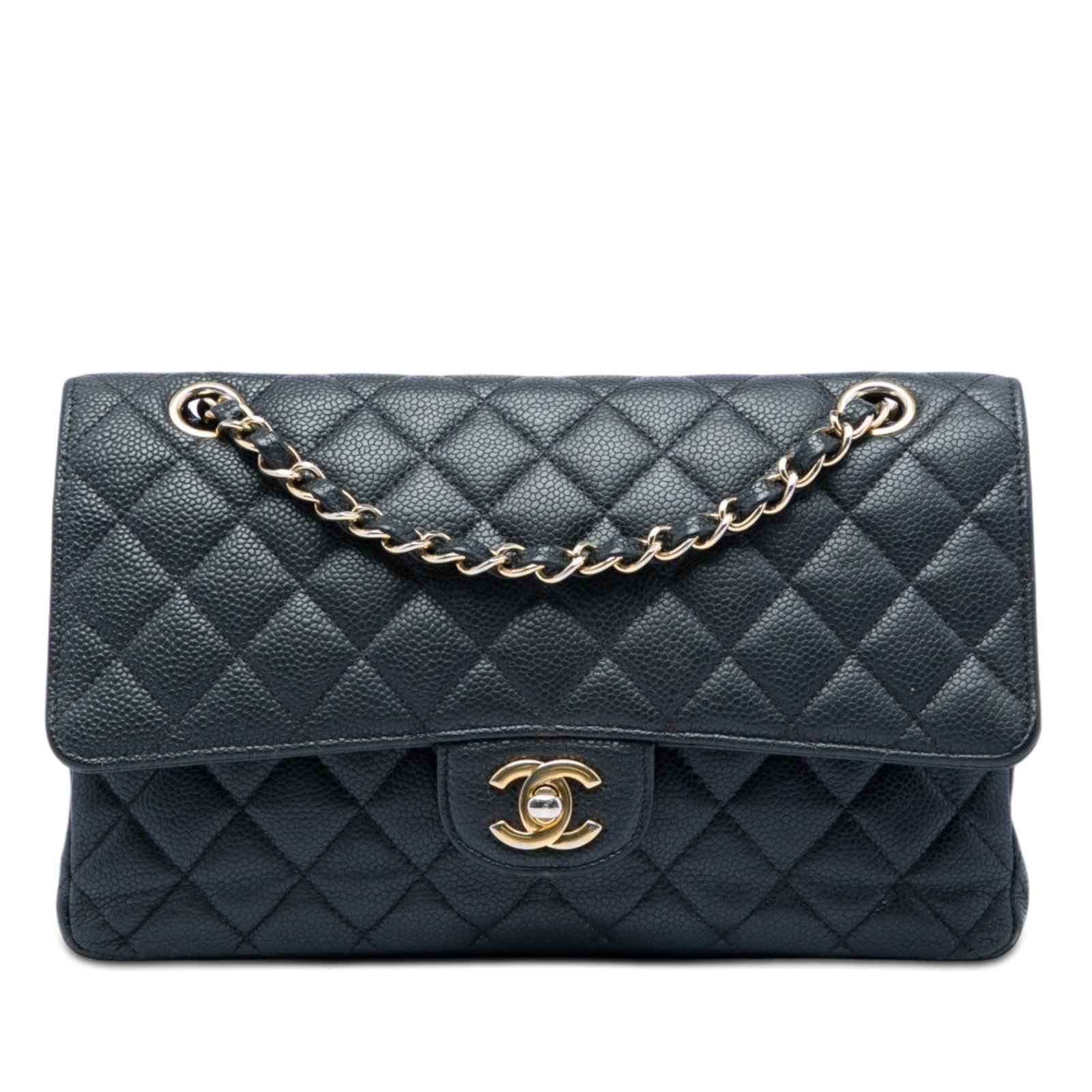 Chanel Medium Classic Double Flap Shoulder Bag in Black Caviar Leather: Chanel Medium Classic Double Flap Shoulder Bag in Black Caviar Leather Chanel Medium Classic Caviar Double Flap in black quilted caviar leather. This bag features a leather-woven chain strap, a double