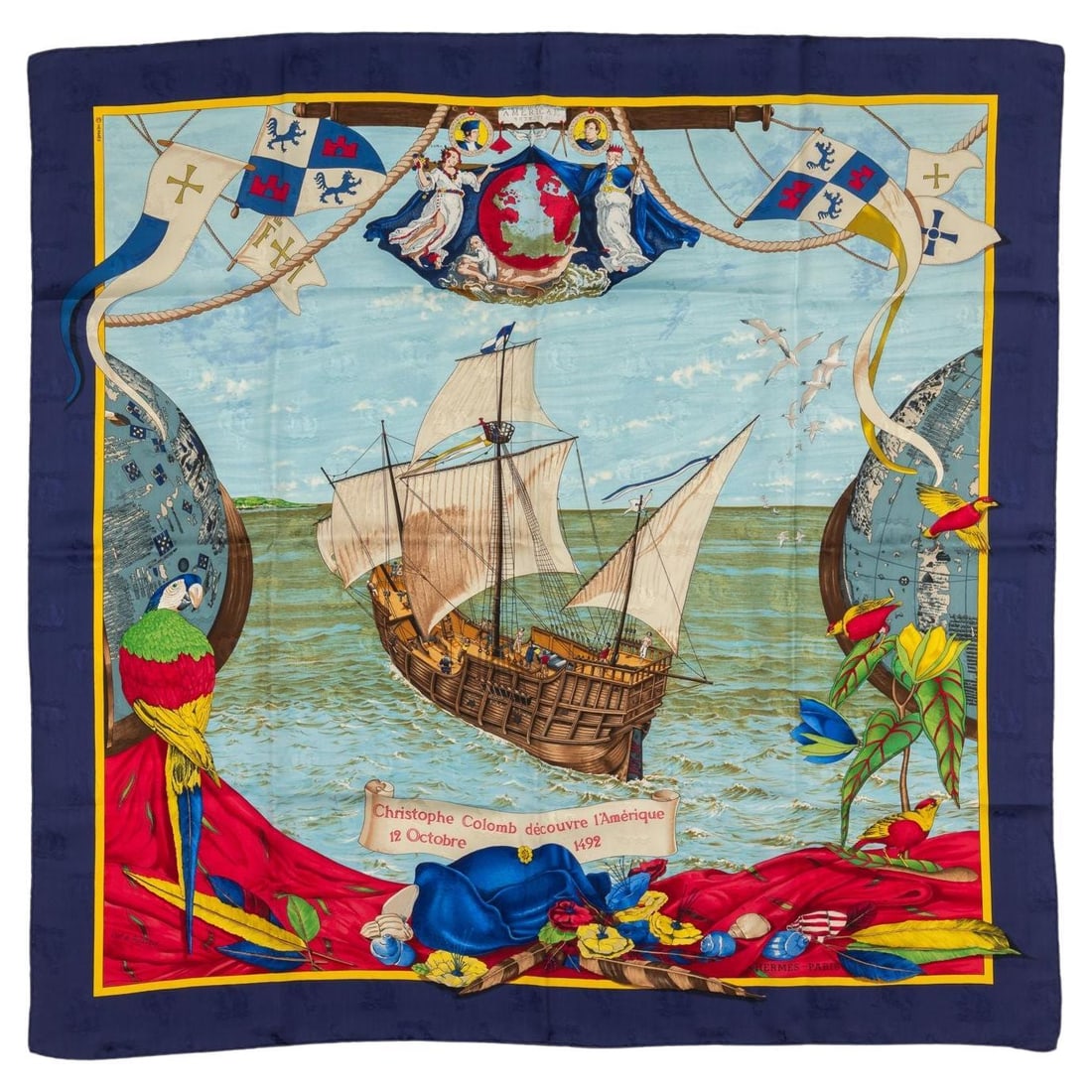 Hermes Christophe Colomb 100% Silk Scarf 35 in France: Hermes Christophe Colomb 100% Silk Scarf 35 in France This exquisite Hermes Christophe Colomb Scarf showcases a stunning depiction of "Christophe Colomb decouvre L'Amerique." Crafted from 100% silk, t
