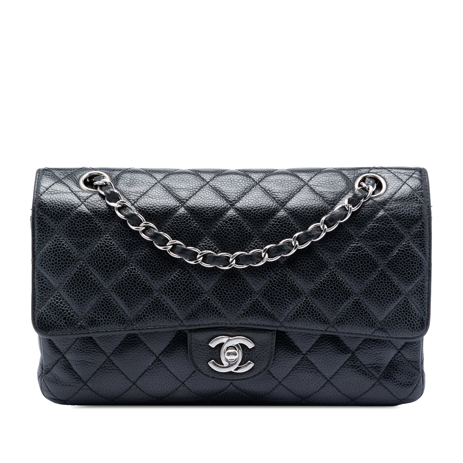 Chanel Medium Classic Double Flap Black Caviar Leather Bag: Chanel Medium Classic Double Flap Black Caviar Leather Bag This Chanel Medium Classic Caviar Double Flap bag is crafted in black quilted caviar leather and features exterior front and back slip pocket