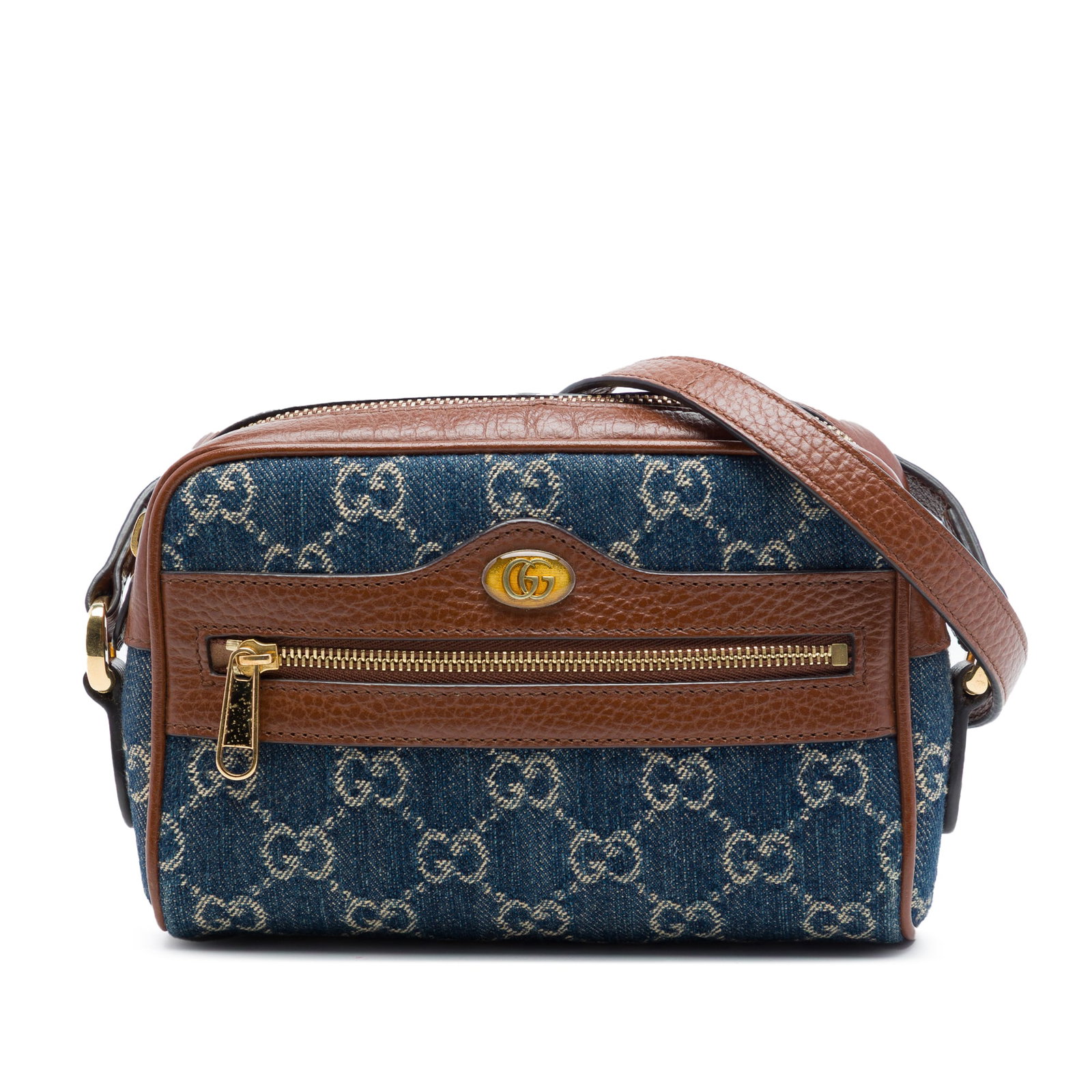 Gucci Ophidia Mini GG Denim Crossbody Bag Blue: Gucci Ophidia Mini GG Denim Crossbody Bag Blue Gucci Ophidia crossbody bag in blue denim with leather trim. This mini bag features an adjustable flat leather strap, top zip closure, exterior front zip