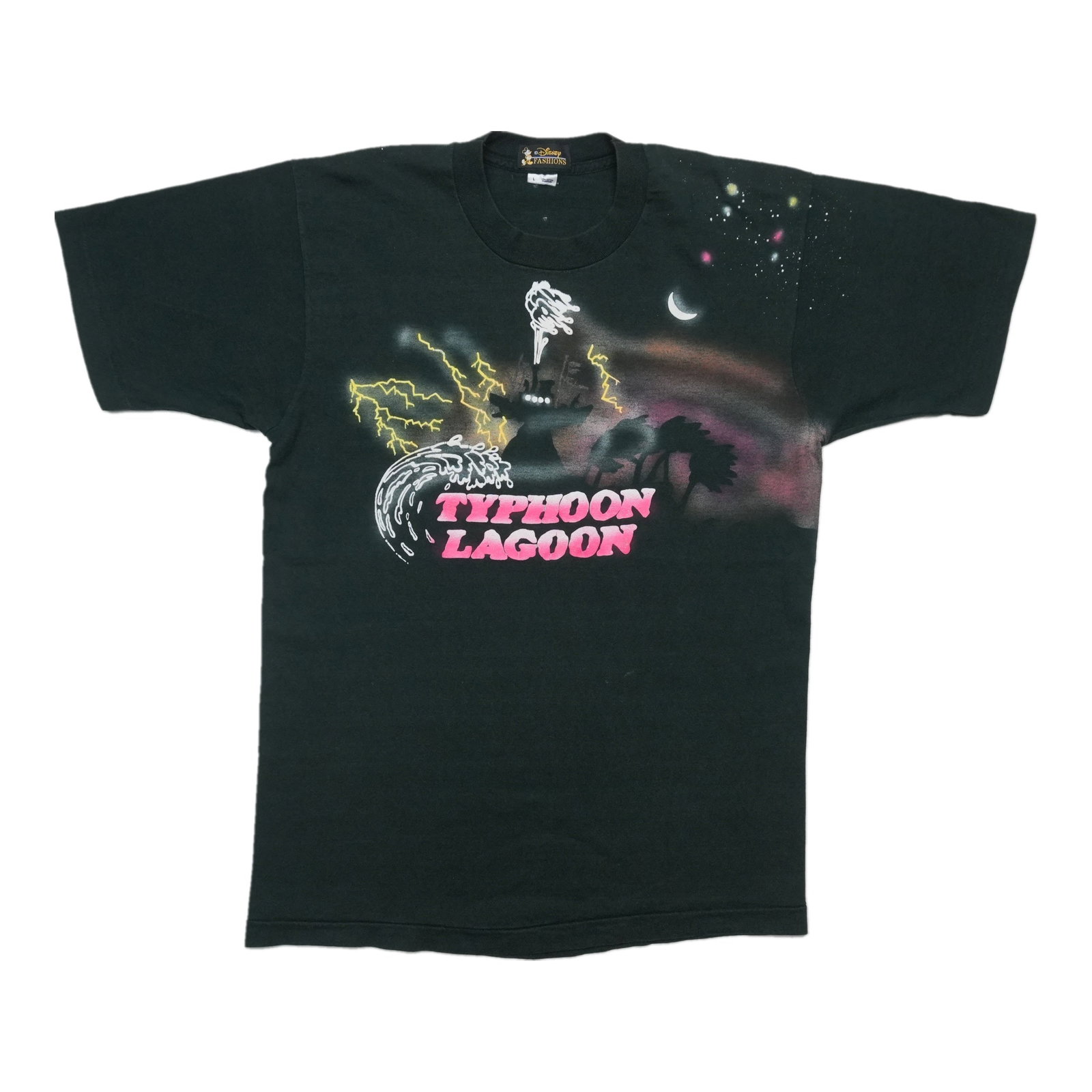 Black 1990s Disney Typhoon Lagoon cotton graphic shirt Large: Black 1990s Disney Typhoon Lagoon cotton graphic shirt Large Authentic vintage Disney Typhoon Lagoon shirt from the 1990s with front and back graphics. This original single-stitch shirt is a true vint