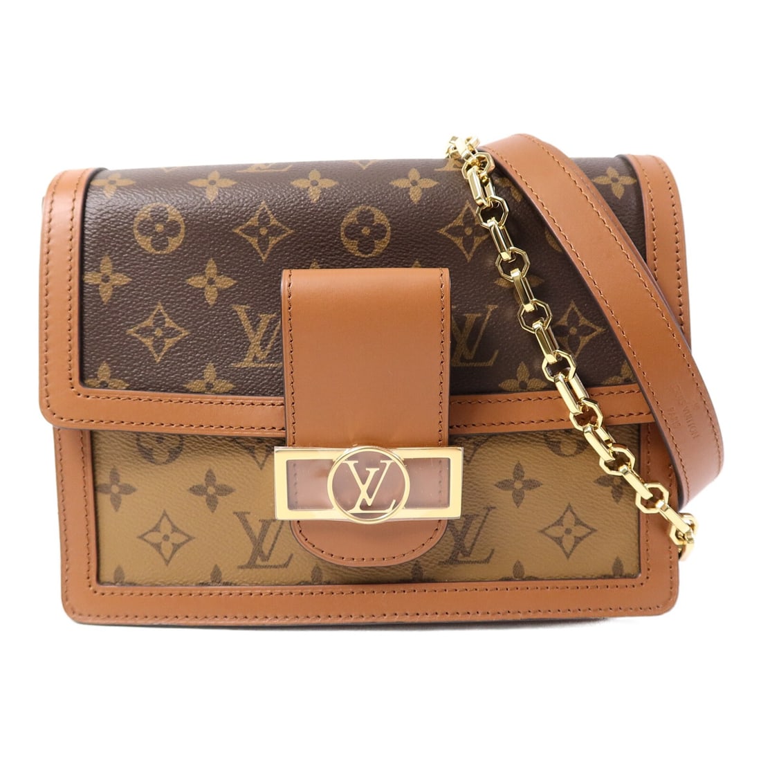 Louis Vuitton Dauphine MM M44391 Monogram 2 Way Shoulder Bag Brown: Louis Vuitton Dauphine MM M44391 Monogram 2 Way Shoulder Bag Brown A Louis Vuitton Dauphine MM 2-way shoulder bag in brown, made from Monogram Reverse and PVC coated canvas. It features a magnetic poc