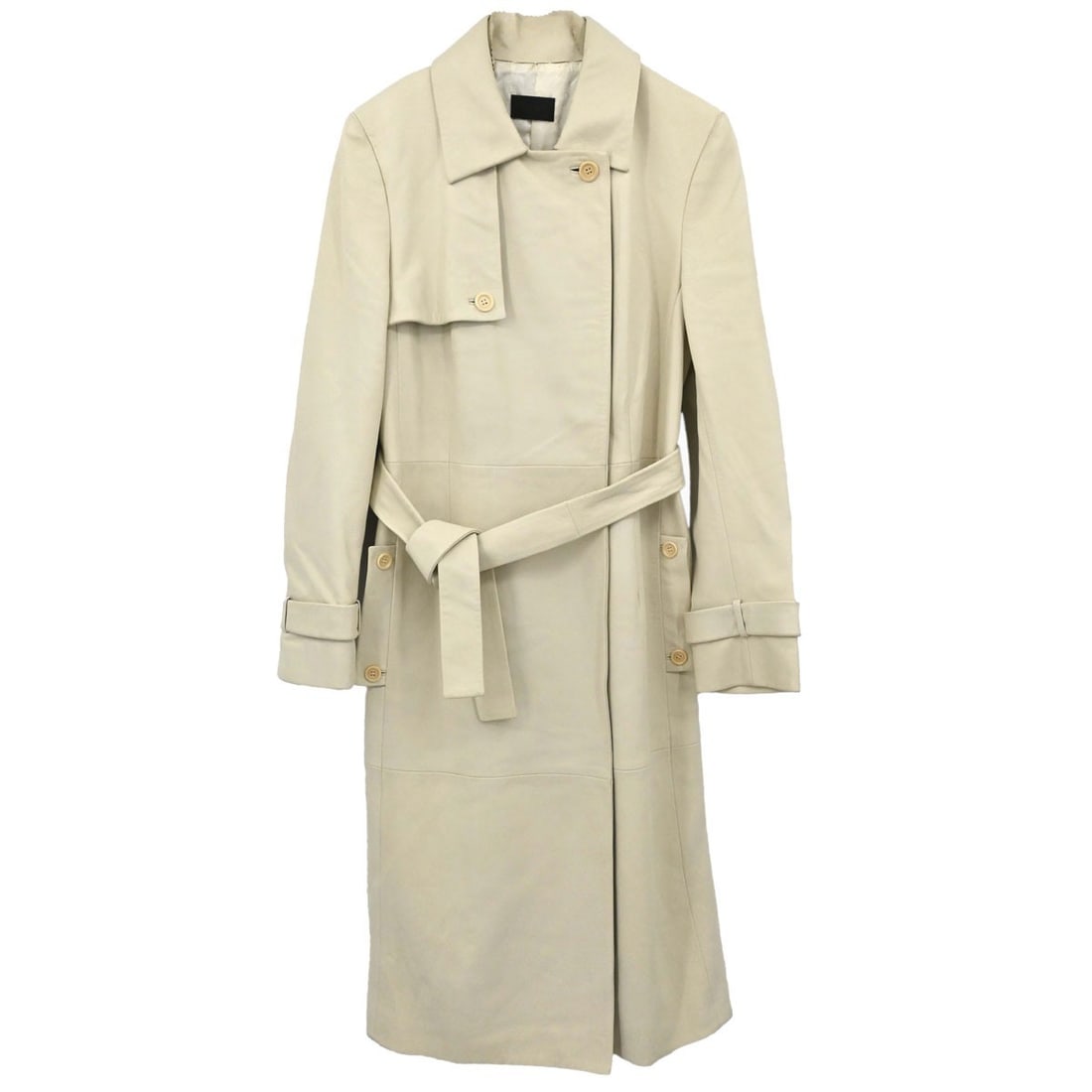 Loewe Lambskin Long Coat Womens EU 38 Off White Belted: Loewe Lambskin Long Coat Womens EU 38 Off White Belted Vintage Loewe long overcoat in off-white lambskin with a belted design and two exterior pockets. Made in Spain, this women's coat is suited for c