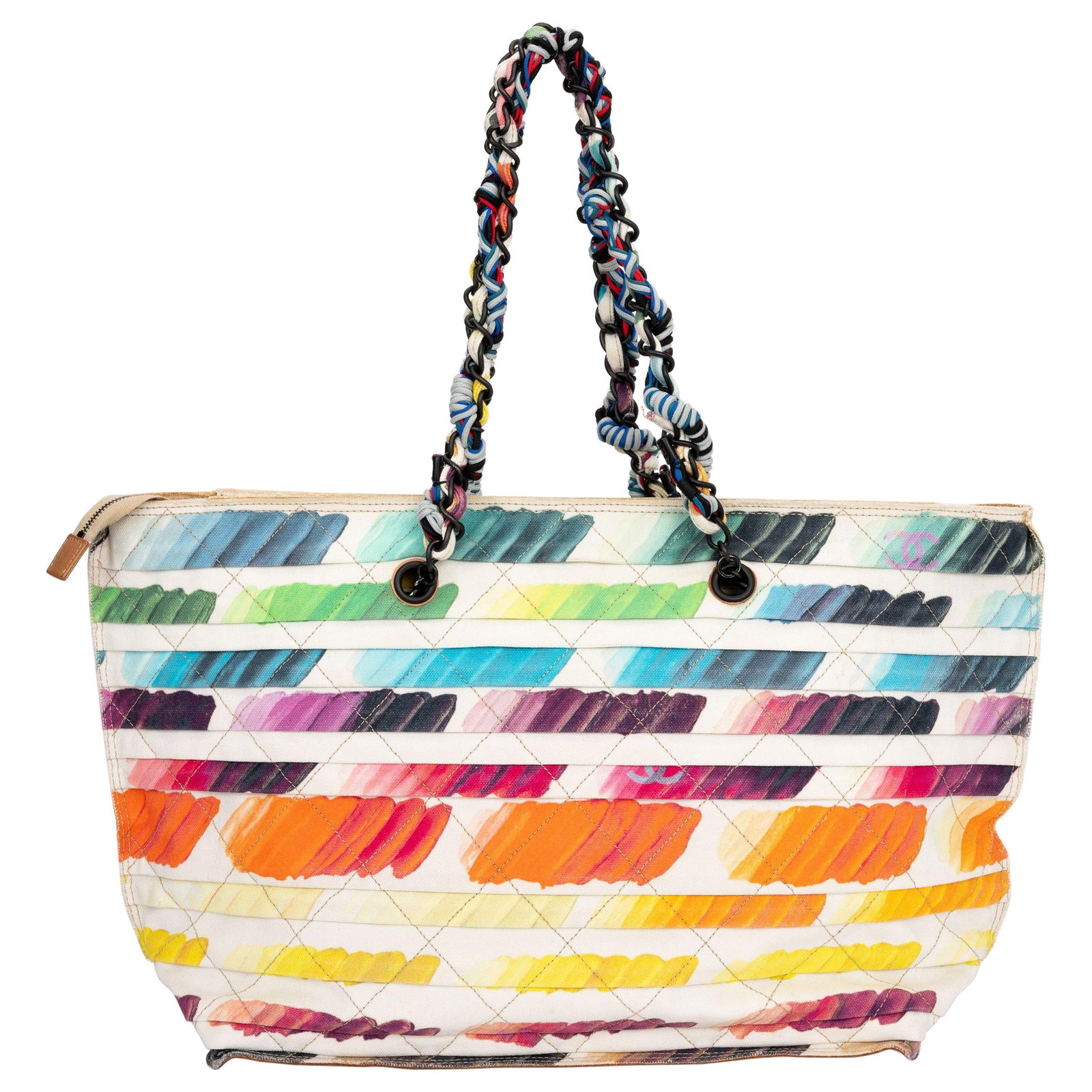 Chanel Colorama Tote 21st Century Collection 19 with CC Charm: Chanel Colorama Tote 21st Century Collection 19 with CC Charm This Chanel Colorama Shopping Tote is a stylish and functional accessory perfect for your shopping trips or beach outings. It features vib