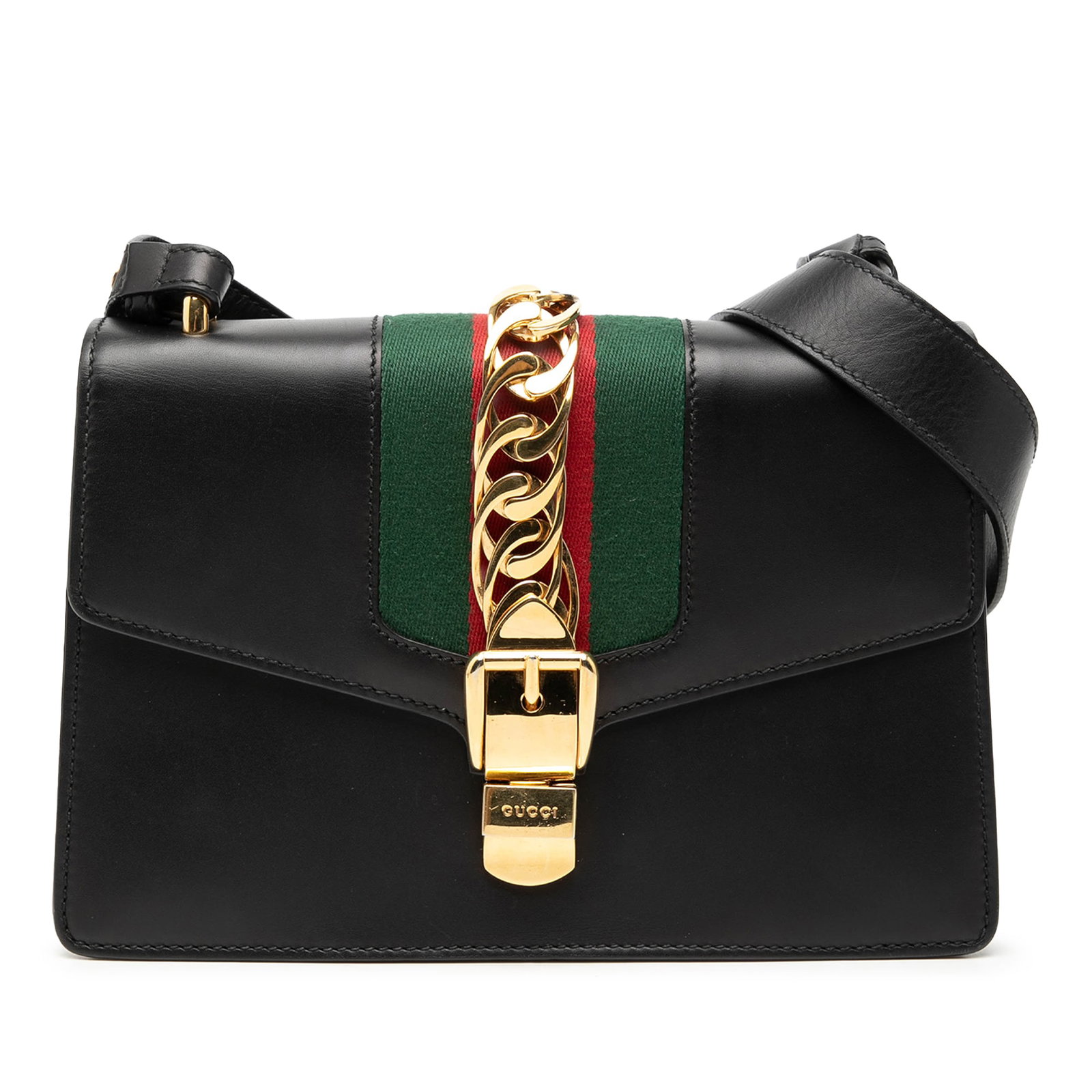 Gucci Sylvie Small Black Calfskin Satchel with Web Straps: Gucci Sylvie Small Black Calfskin Satchel with Web Straps This Gucci Sylvie satchel is crafted in black calfskin leather with the signature web detail. The bag features a front flap with push lock clo