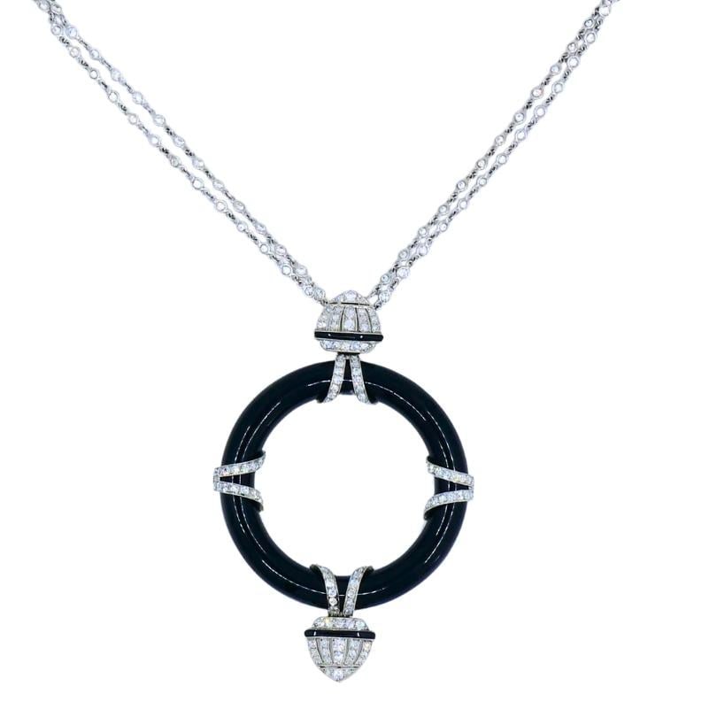 Art Deco Onyx Diamond Pendant Necklace with 14k White Gold Chain: Art Deco Onyx Diamond Pendant Necklace with 14k White Gold Chain An Art Deco pendant necklace featuring a platinum black onyx pendant paired with a modern 14k white gold diamond-by-the-yard chain. The