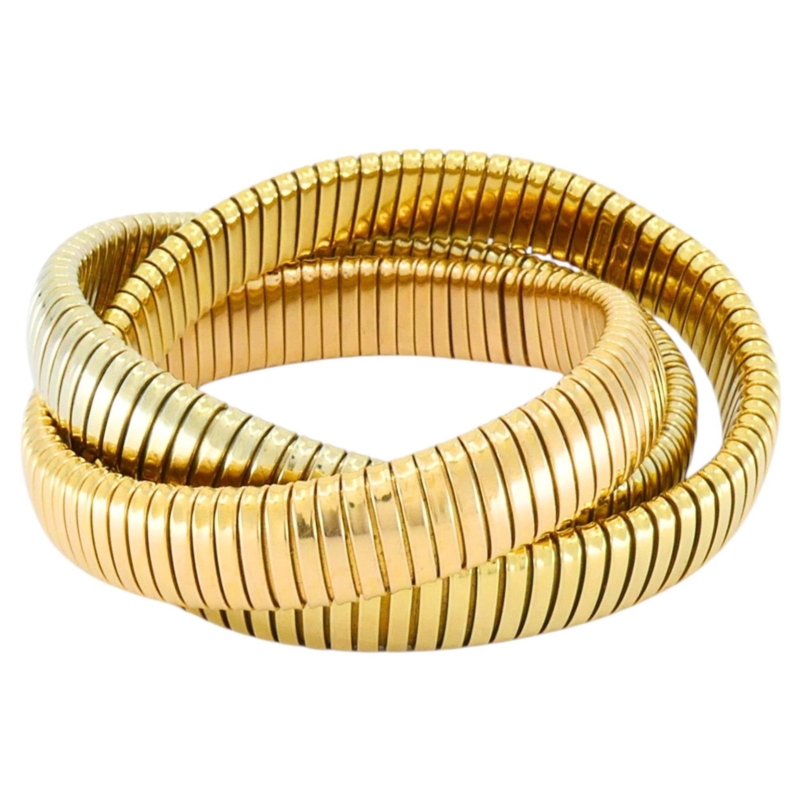 Set of 3 Carlo Weingrill Tubogas Bracelets in 18k Tricolor Gold: Set of 3 Carlo Weingrill Tubogas Bracelets in 18k Tricolor Gold Vintage Carlo Weingrill tubogas bracelets in a set of 3, designed as three interlocked bands in 18k yellow, white, and rose gold. The ro