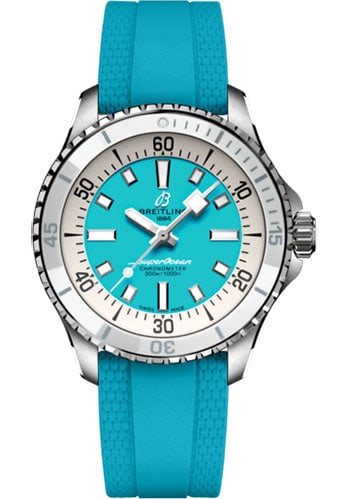 Breitling A17377211C1S1 Superocean Automatic ladies watch turquoise dial: Breitling A17377211C1S1 Superocean Automatic ladies watch turquoise dial Breitling Superocean Automatic ladies watch featuring a turquoise dial, rotating bezel, and rubber strap. Includes card dated 2