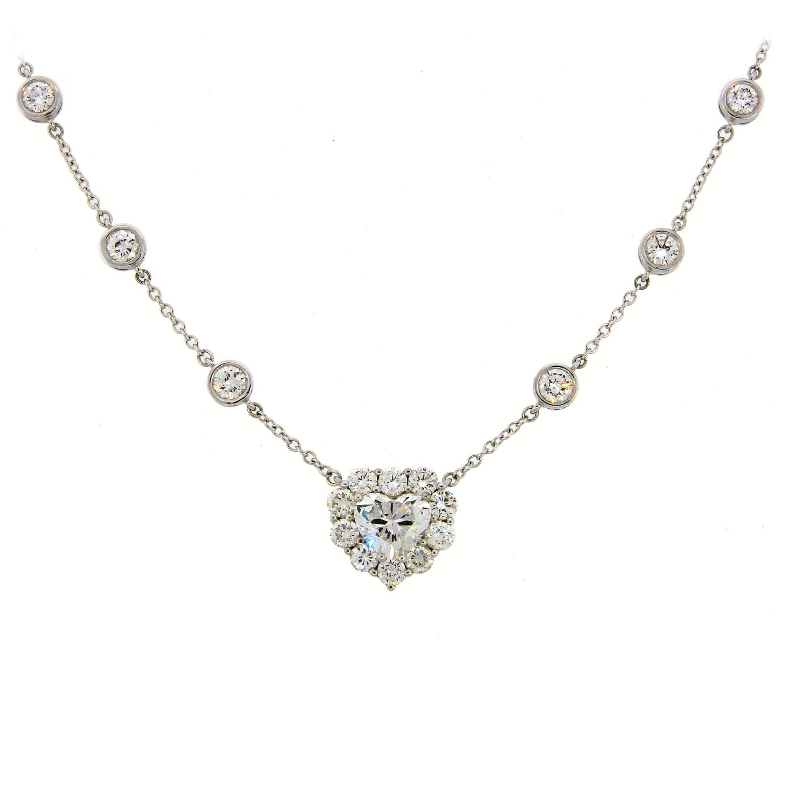 18k White Gold Necklace with GIA Heart Diamond Pendant 17.5 in: 18k White Gold Necklace with GIA Heart Diamond Pendant 17.5 in A heart-shaped diamond pendant necklace in 18k white gold, featuring a 2.14-carat colorless heart-shape diamond with GIA grading report, 