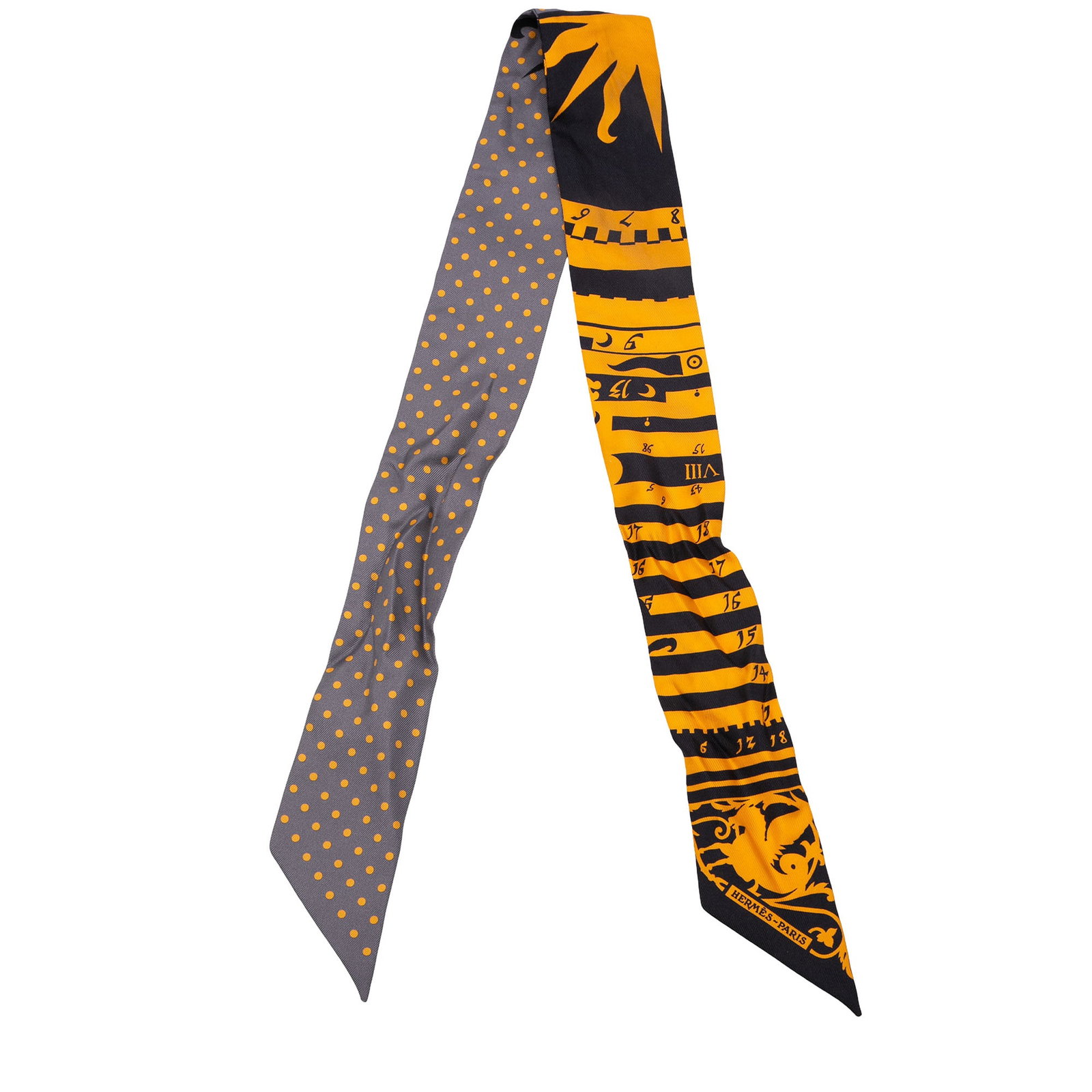 Hermes Astrologie a Pois Twilly Silk Scarf Black: Hermes Astrologie a Pois Twilly Silk Scarf Black Hermes Astrologie a Pois Twilly scarf in silk with an allover printed design. Made in France, this accessory is presented in black and shows creasing t