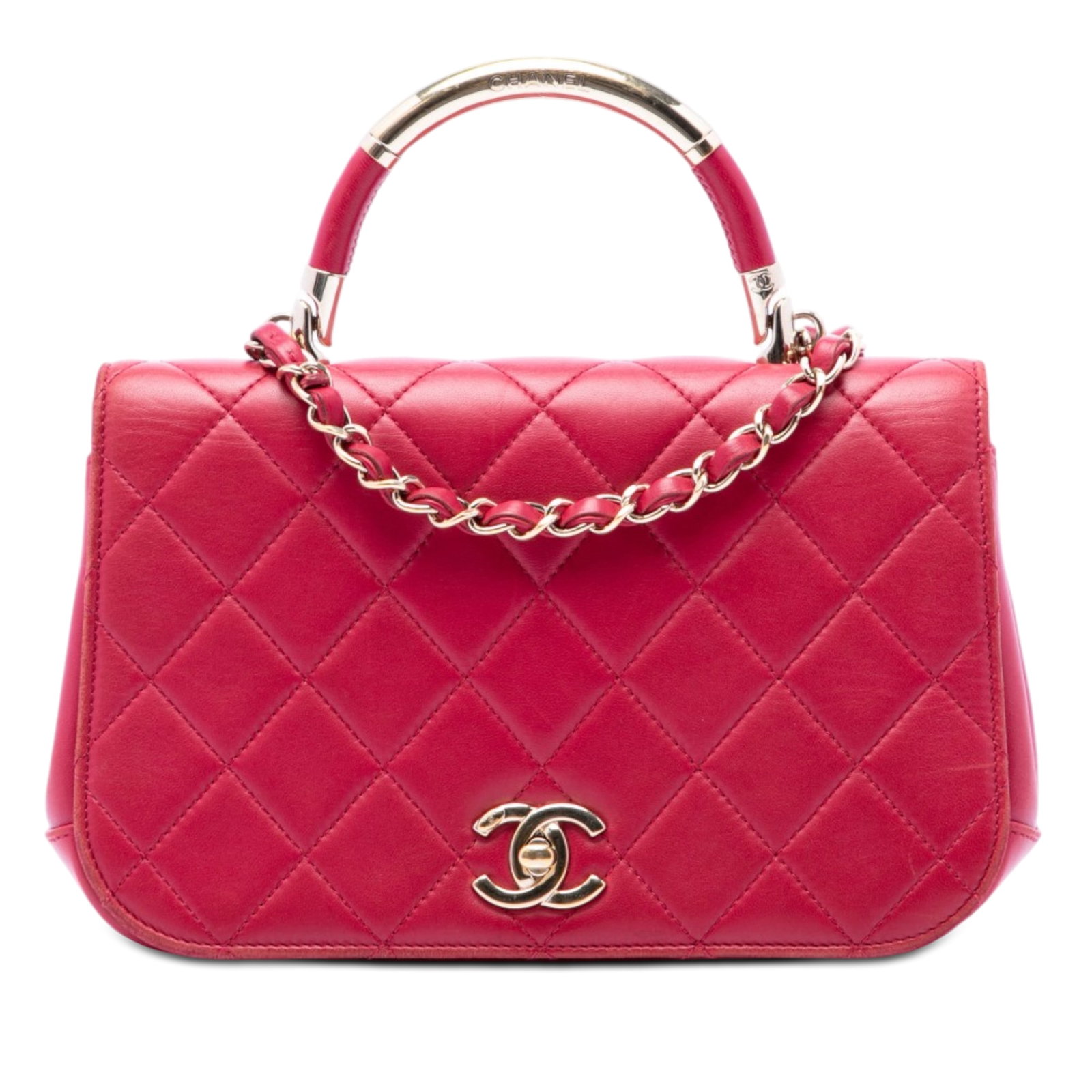 Chanel Carry Chic Small Pink Quilted Lambskin Flap Bag: Chanel Carry Chic Small Pink Quilted Lambskin Flap Bag Small Chanel Carry Chic flap bag crafted in pink quilted lambskin leather. It features a gold tone metal top handle, a leather-woven chain link s
