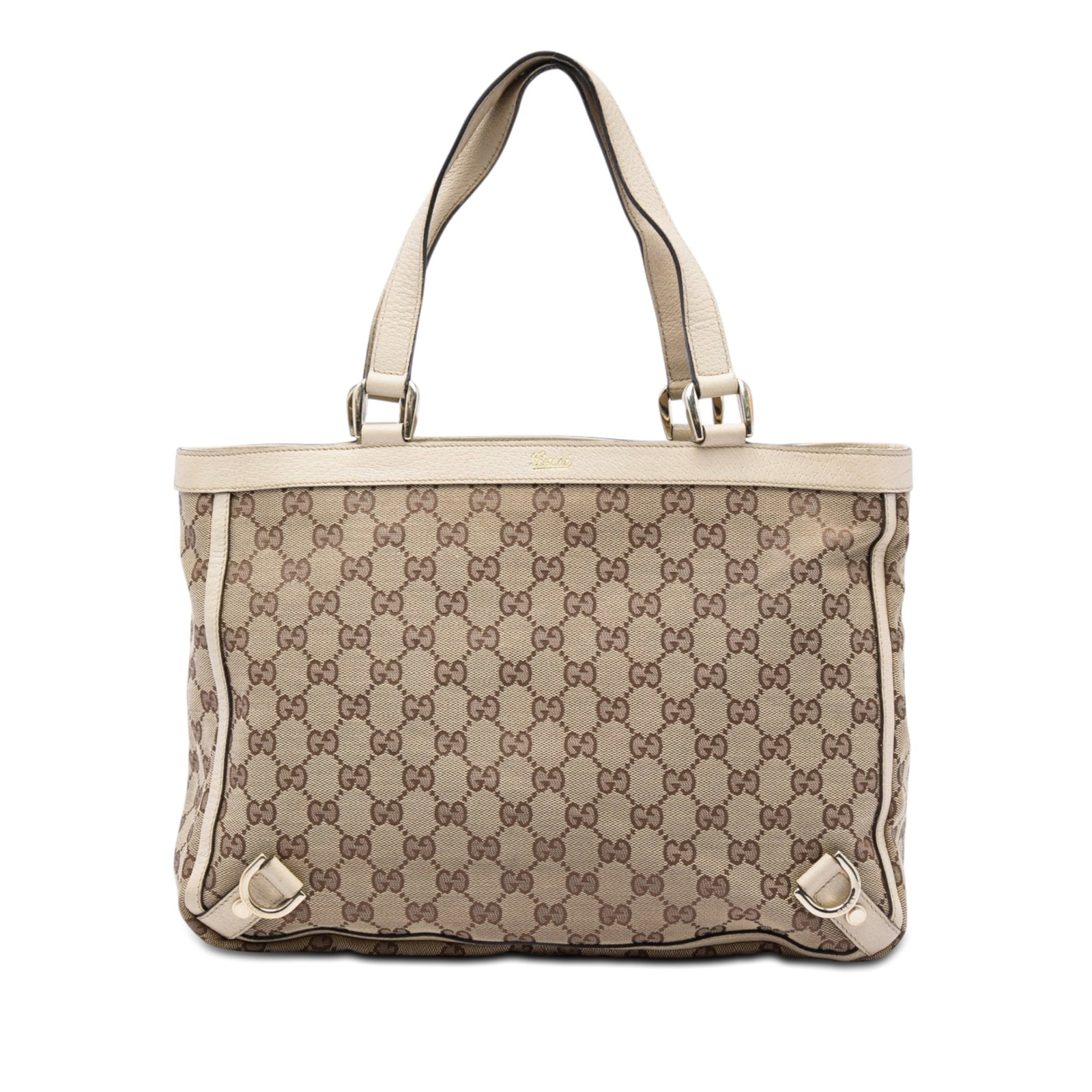 Gucci Abbey D Ring Tote in GG Canvas and Leather Trim: Gucci Abbey D Ring Tote in GG Canvas and Leather Trim Gucci Abbey D Ring tote bag in beige GG canvas with leather trim and flat leather handles. The bag features an open top, an interior zip compartme