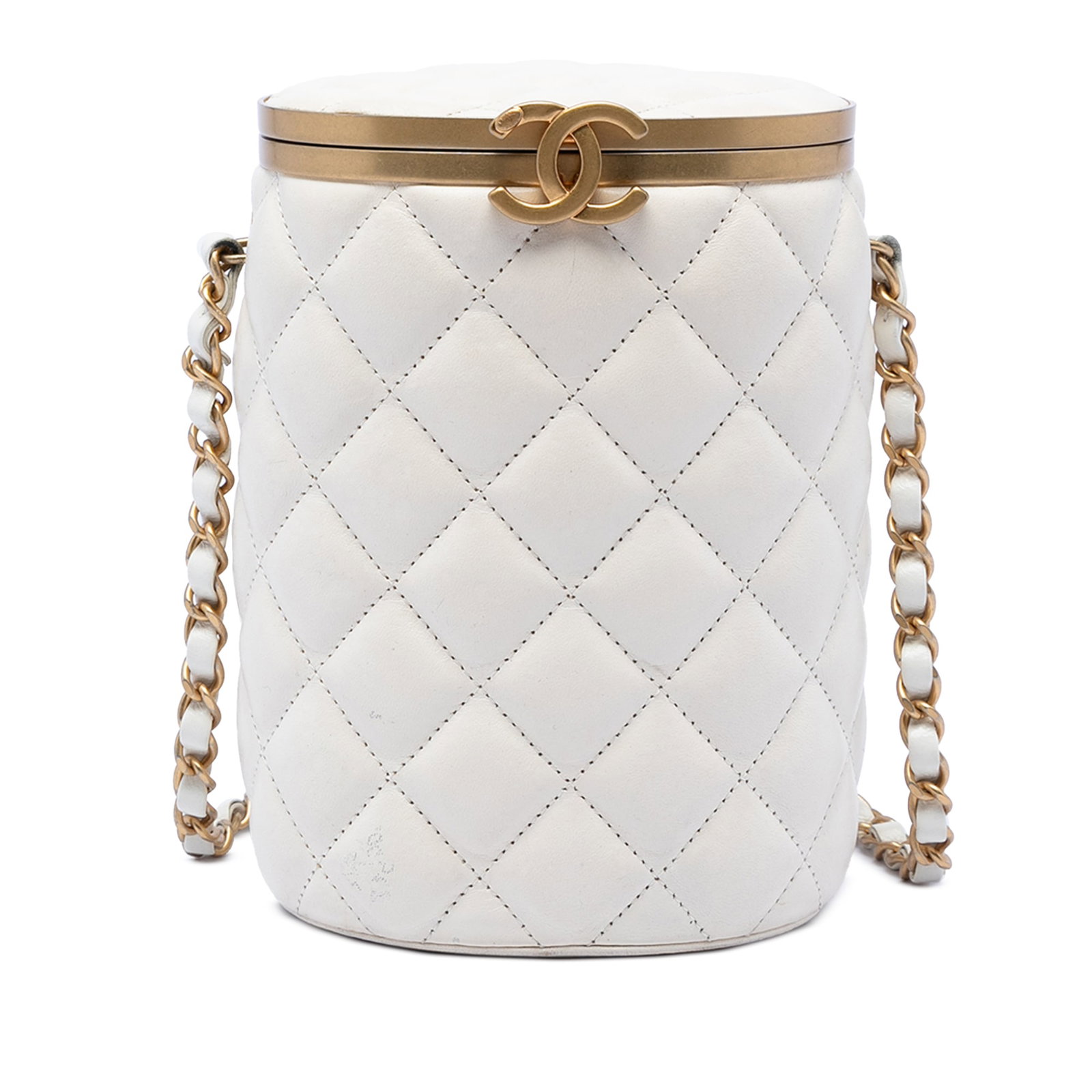 Chanel Crown Box Crossbody Small Quilted Lambskin Leather Bag: Chanel Crown Box Crossbody Small Quilted Lambskin Leather Bag A crossbody bag with a quilted lambskin leather body, woven leather chain strap, top clasp closure, and an interior mirror. It is made in 