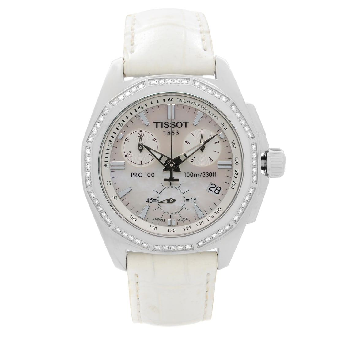 Tissot PRC 100 ladies quartz watch MOP dial diamond bezel T22.1.456.21: Tissot PRC 100 ladies quartz watch MOP dial diamond bezel T22.1.456.21 Pre-owned Tissot PRC 100 ladies watch featuring a quartz battery movement, a round stainless steel case, and a white leather stra