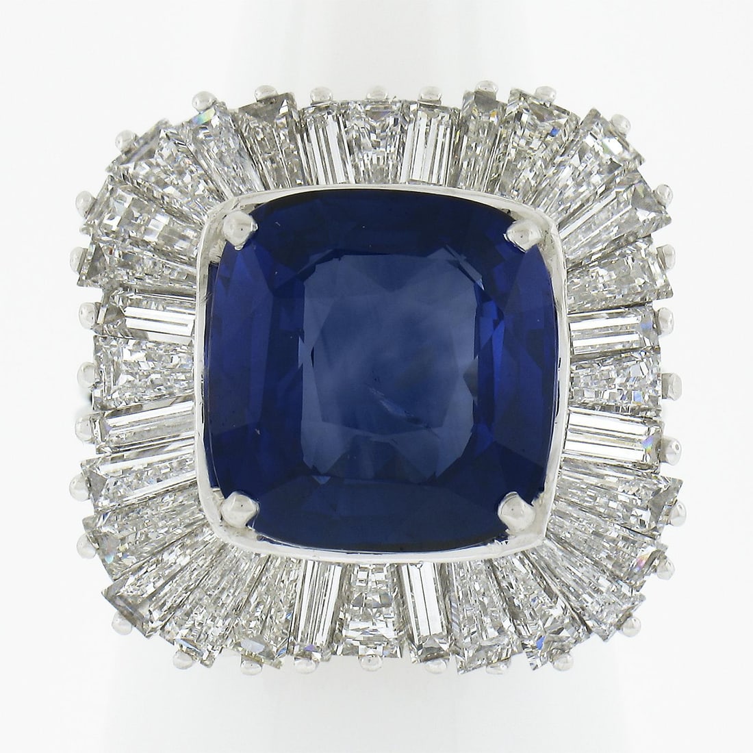 Vintage 13.66ctw GIA Cushion Sapphire Diamond Platinum Ballerina Ring: Vintage 13.66ctw GIA Cushion Sapphire Diamond Platinum Ballerina Ring This exquisite vintage cocktail ring features a stunning 8.86ct cushion-cut sapphire, prong-set in solid platinum, exuding a true 