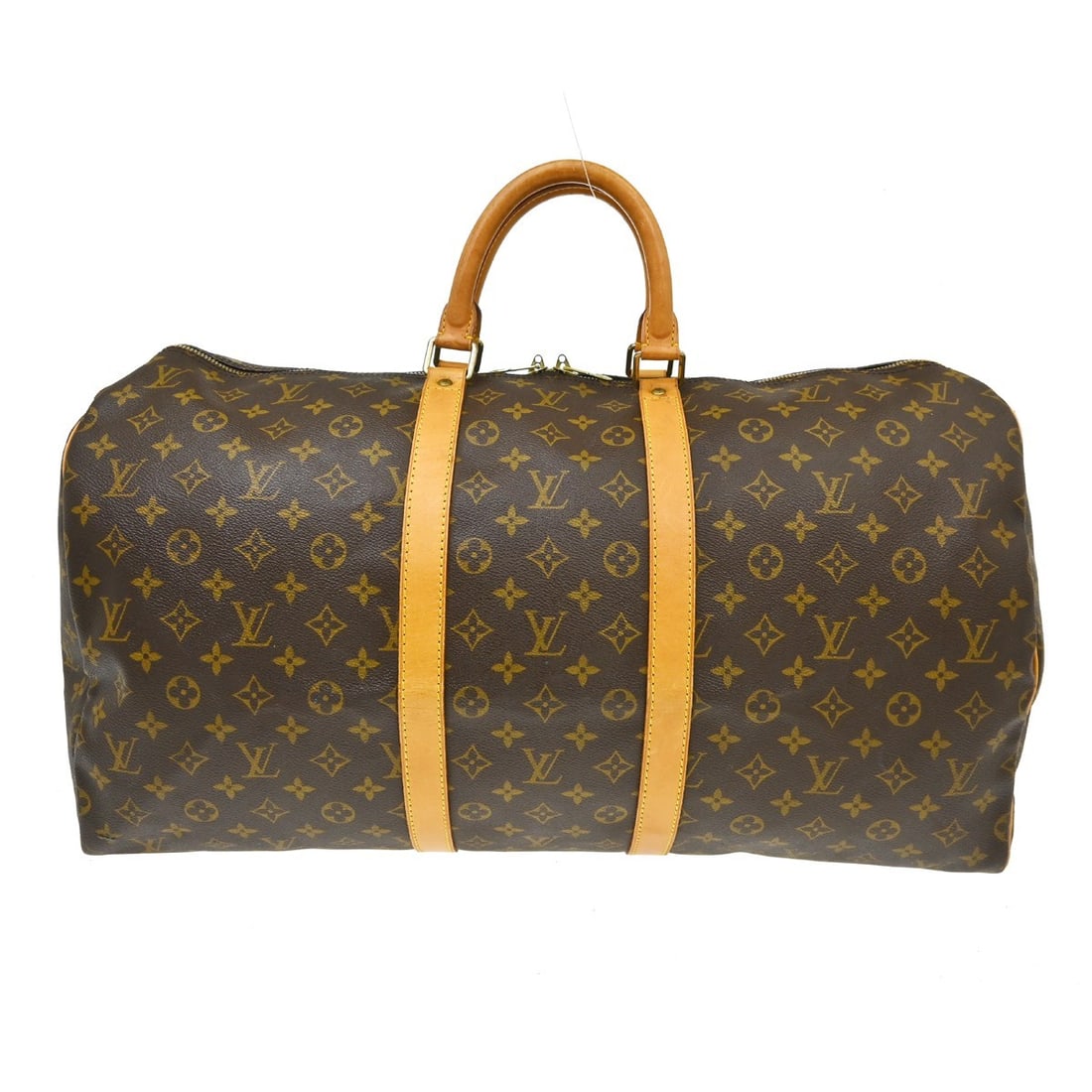 Vintage Louis Vuitton Keepall 55 Monogram Duffle Bag M41424: Vintage Louis Vuitton Keepall 55 Monogram Duffle Bag M41424 Vintage Louis Vuitton Keepall 55 travel handbag in brown Monogram canvas with leather trim and double handles. This extra-large duffle-style