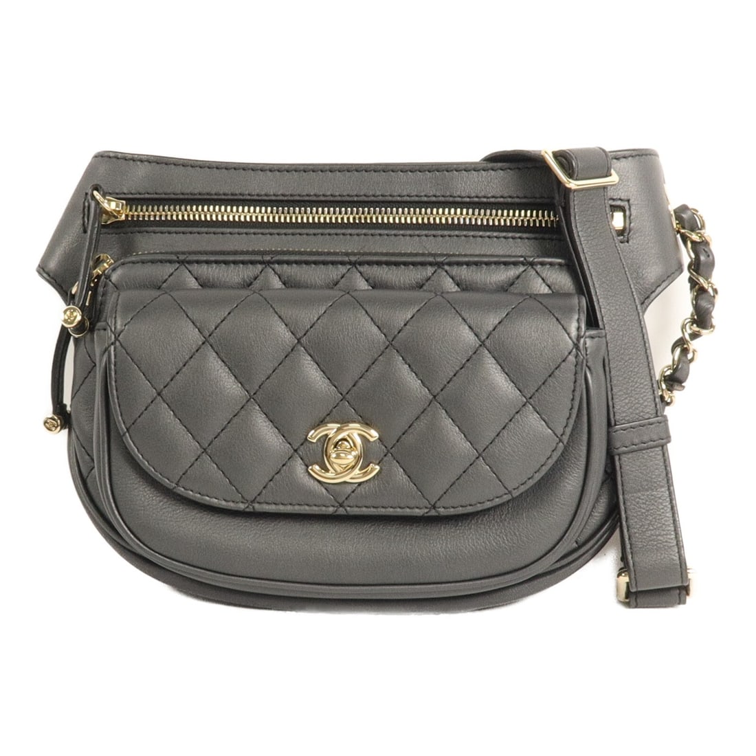 CHANEL CC calfskin waist bag dark gray with GHW: CHANEL CC calfskin waist bag dark gray with GHW Dark gray Chanel CC waist bag crafted from calfskin leather. This women's body bag features a compact silhouette with zip and other pocket storage, and 