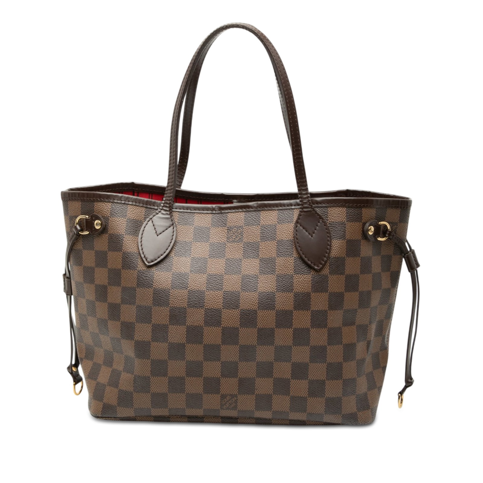 Louis Vuitton Neverfull PM Damier Ebene tote bag: Louis Vuitton Neverfull PM Damier Ebene tote bag This Louis Vuitton Damier Ebene Neverfull PM features the iconic damier ebene canvas with leather trim, flat leather straps, an open top secured by a l