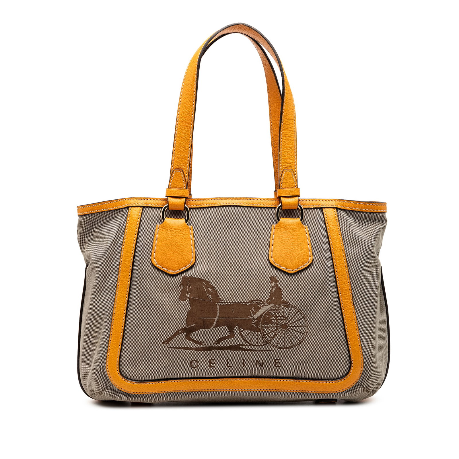 Celine Carriage Tote Bag in Canvas with Leather Trim: Celine Carriage Tote Bag in Canvas with Leather Trim This Celine Canvas Carriage Tote features a canvas body with leather trim, flat leather straps, an open top with clasp closure, and interior zip an