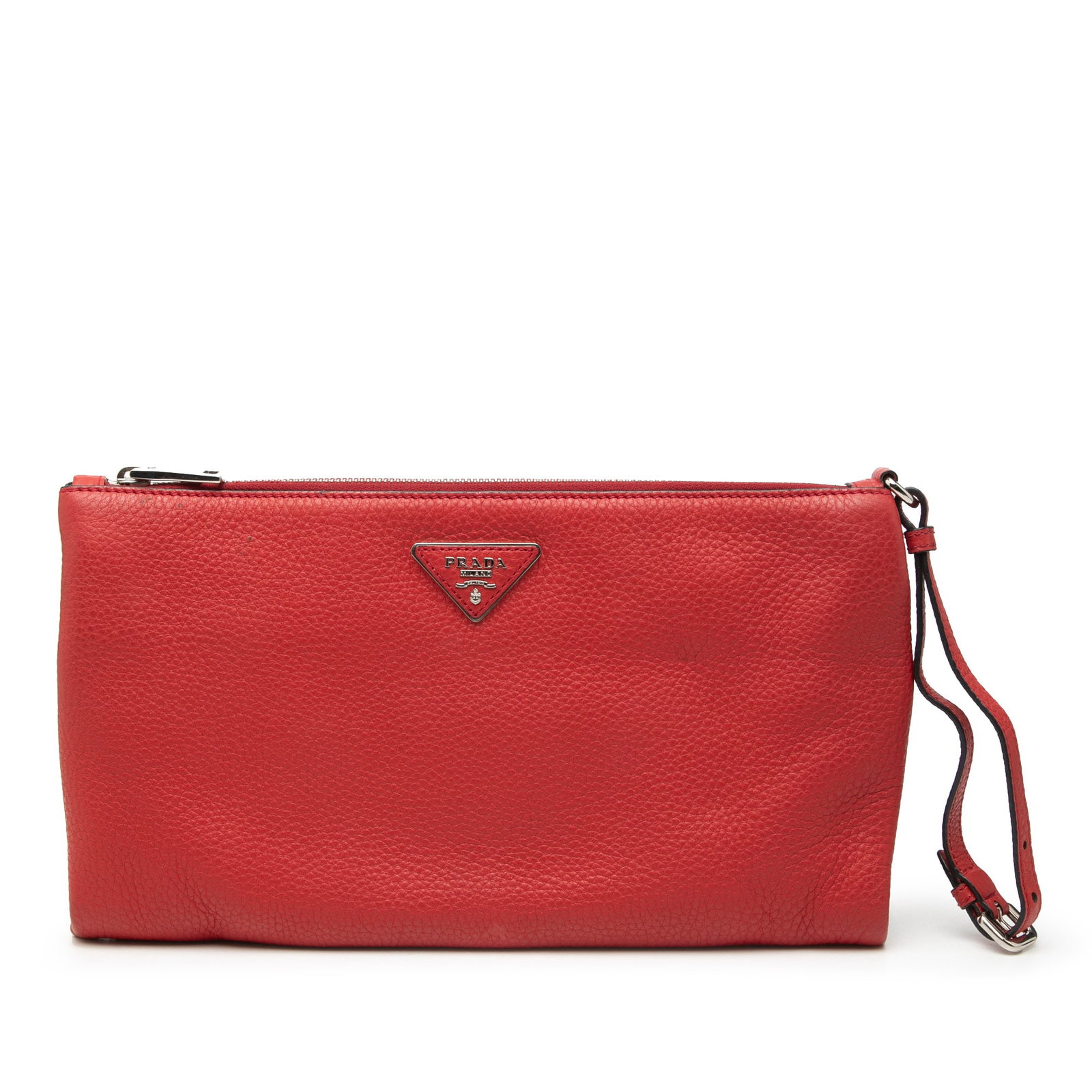 Prada Vitello Daino red leather zip clutch with wrist strap: Prada Vitello Daino red leather zip clutch with wrist strap This Prada Vitello Daino Clutch is crafted from red leather and features a detachable and adjustable flat leather wrist strap, a top zip clo