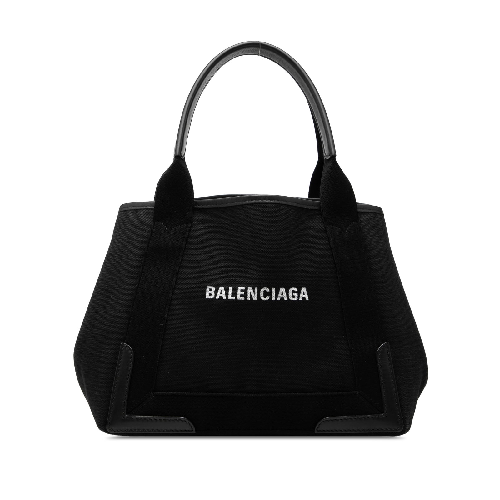 Balenciaga Navy Cabas S canvas tote with zip pouch: Balenciaga Navy Cabas S canvas tote with zip pouch Balenciaga Canvas Navy Cabas Tote S with a canvas body, calf leather trim, flat leather handles, an open top with side snap closures, and an included