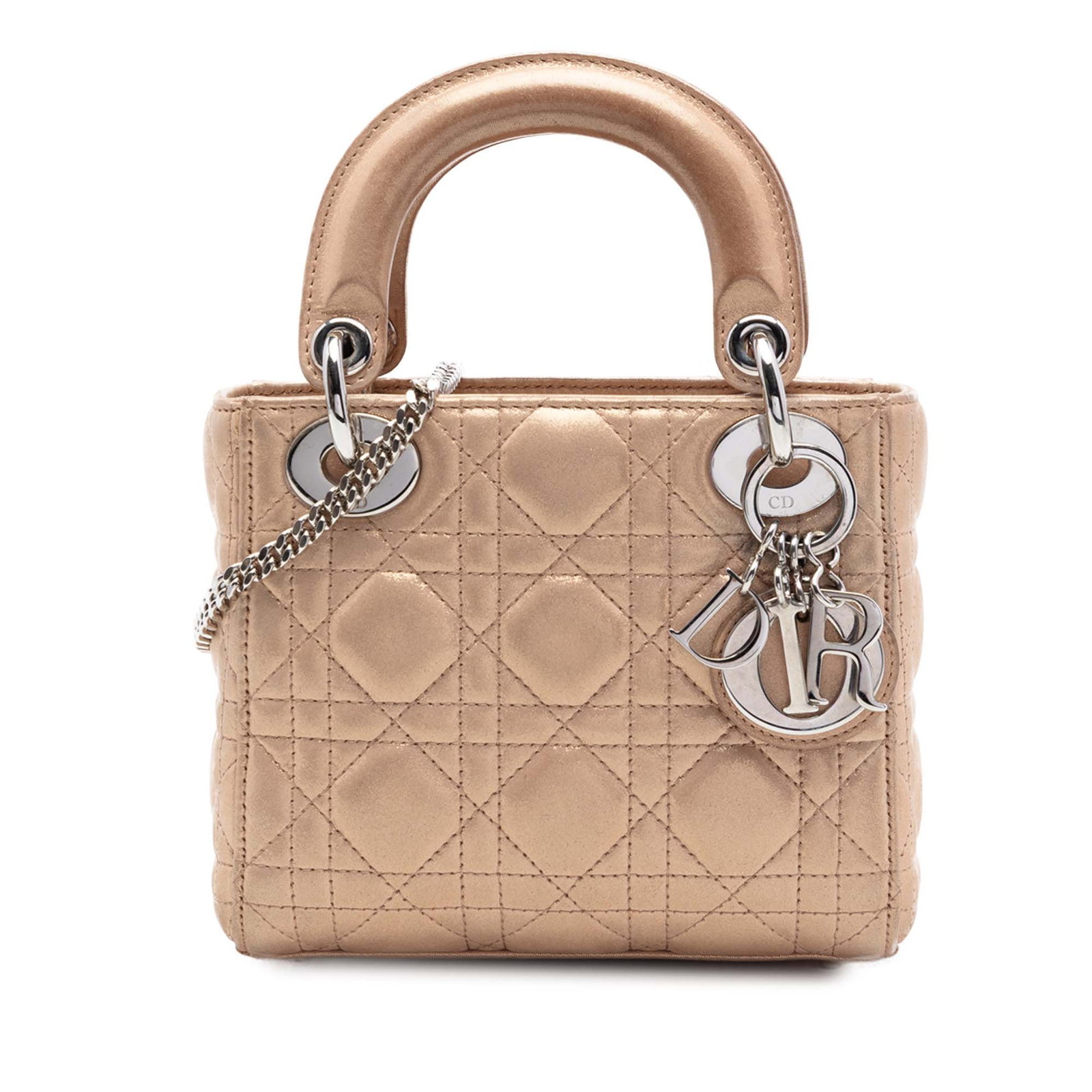Dior Lady Dior Mini Cannage Iridescent Lambskin Bag: Dior Lady Dior Mini Cannage Iridescent Lambskin Bag Mini Lady Dior bag in iridescent quilted lambskin leather with the signature Cannage pattern. It features flat leather top handles, a detachable cha