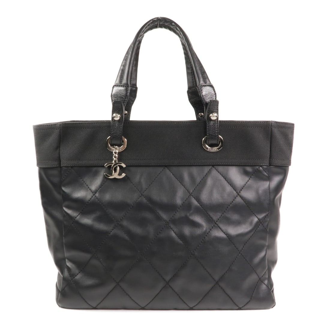 CHANEL CC Black Calfskin Tote Bag with Silver Tone Hardware: CHANEL CC Black Calfskin Tote Bag with Silver Tone Hardware CHANEL tote bag in black calfskin leather with silver-tone hardware. Made in France, this women's regular-size bag features a structured tot