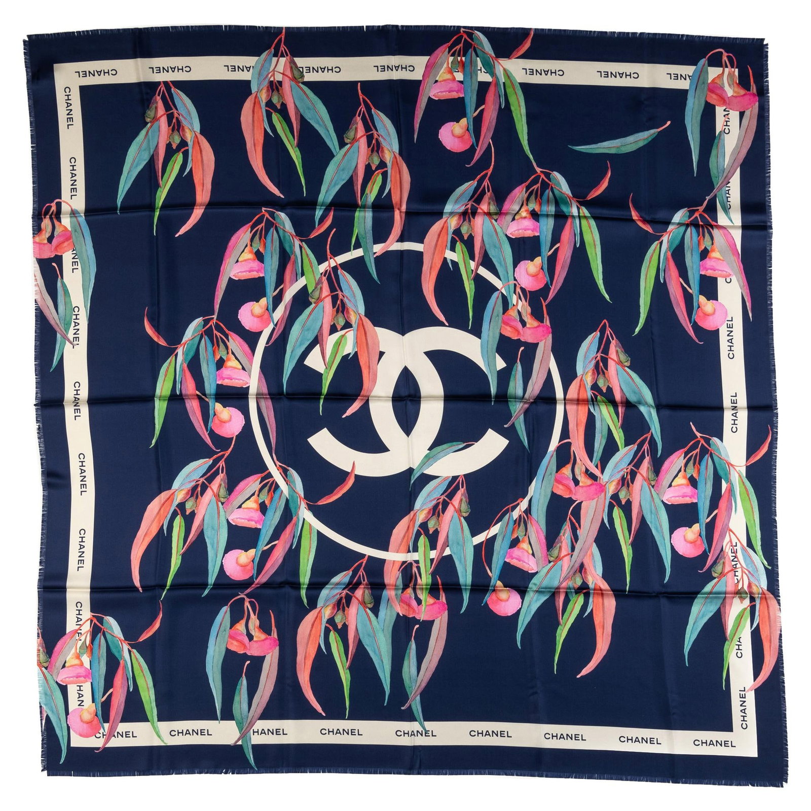 Chanel Blue Silk Scarf 54 Inch Square Shawl with Original Tag: Chanel Blue Silk Scarf 54 Inch Square Shawl with Original Tag Explore the elegance of this Chanel Oversize Silk Scarf, featuring a captivating blue and white leaves design. Crafted from 100% silk, thi