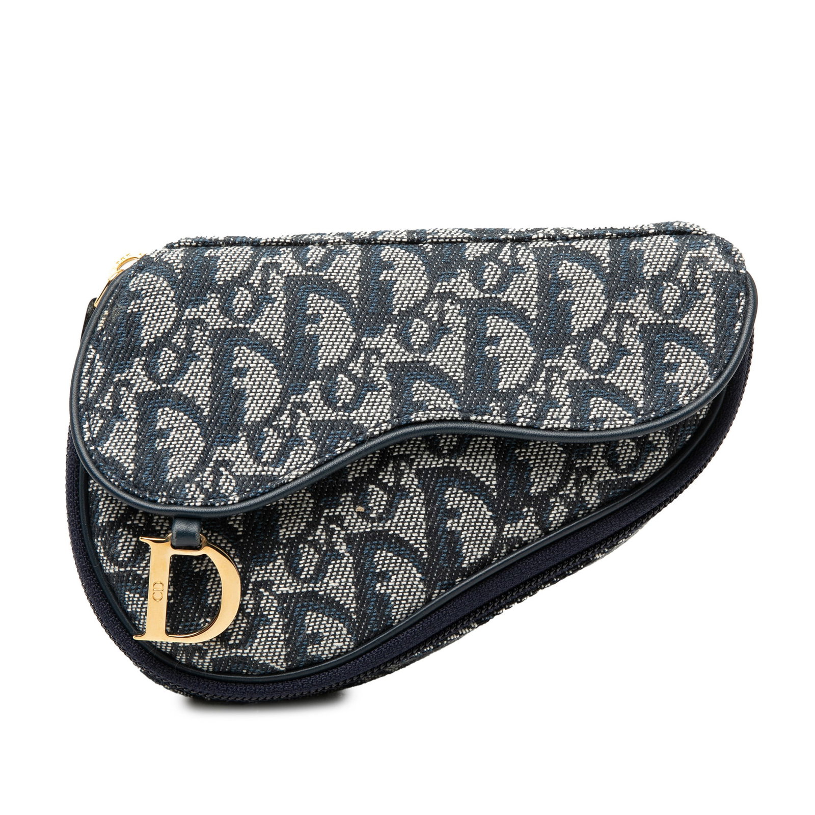 Dior blue canvas saddle pouch with leather trim: Dior blue canvas saddle pouch with leather trim This Diorissimo Canvas Saddle Pouch features a canvas body with leather trim, a front flap, and a zip-around closure. The pouch is designed in blue fabr