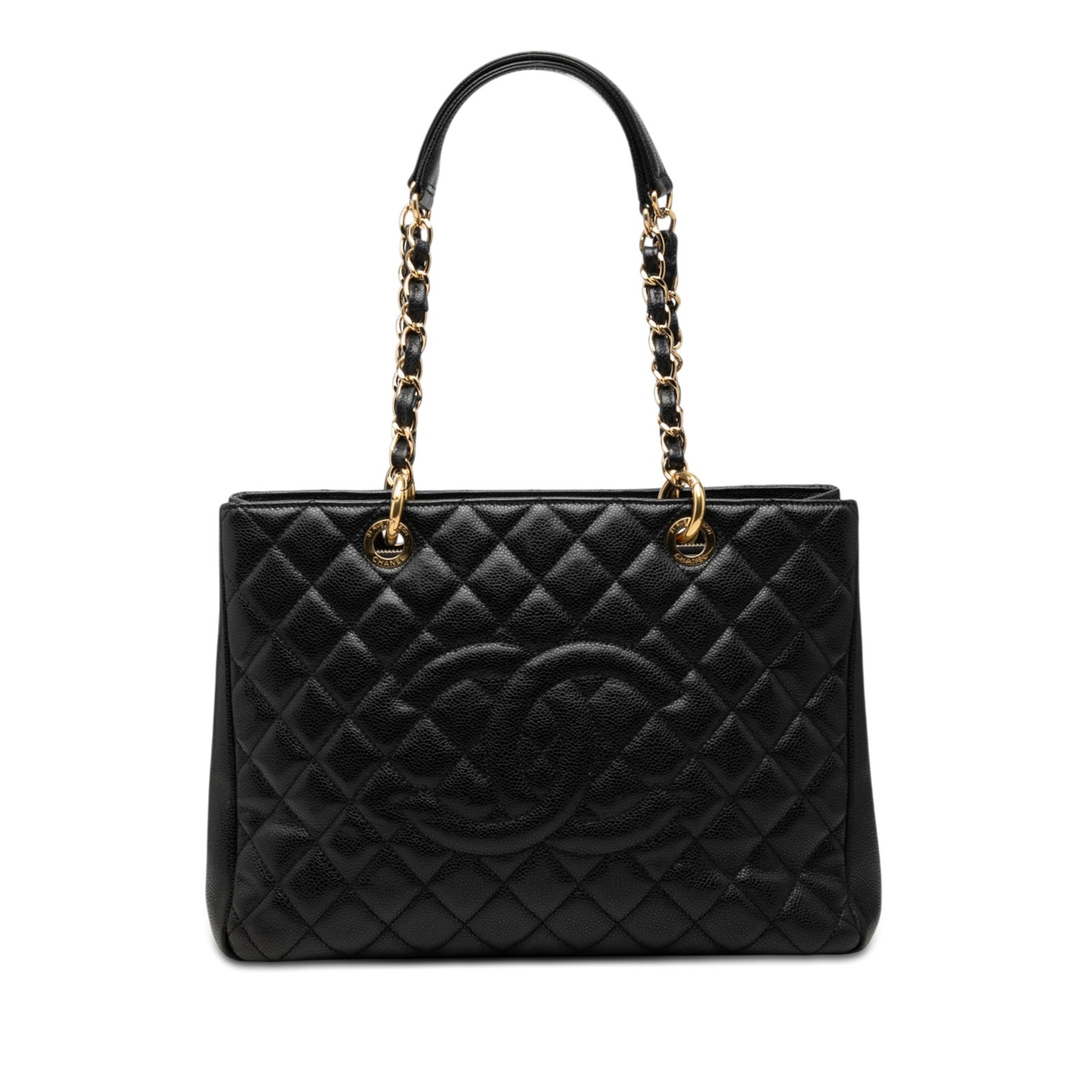 Chanel Grand Shopping Tote Black Caviar Leather Shoulder Bag: Chanel Grand Shopping Tote Black Caviar Leather Shoulder Bag Chanel Grand Shopping Tote in black quilted caviar leather. This tote features leather-woven chain shoulder straps, an open top, an exterio