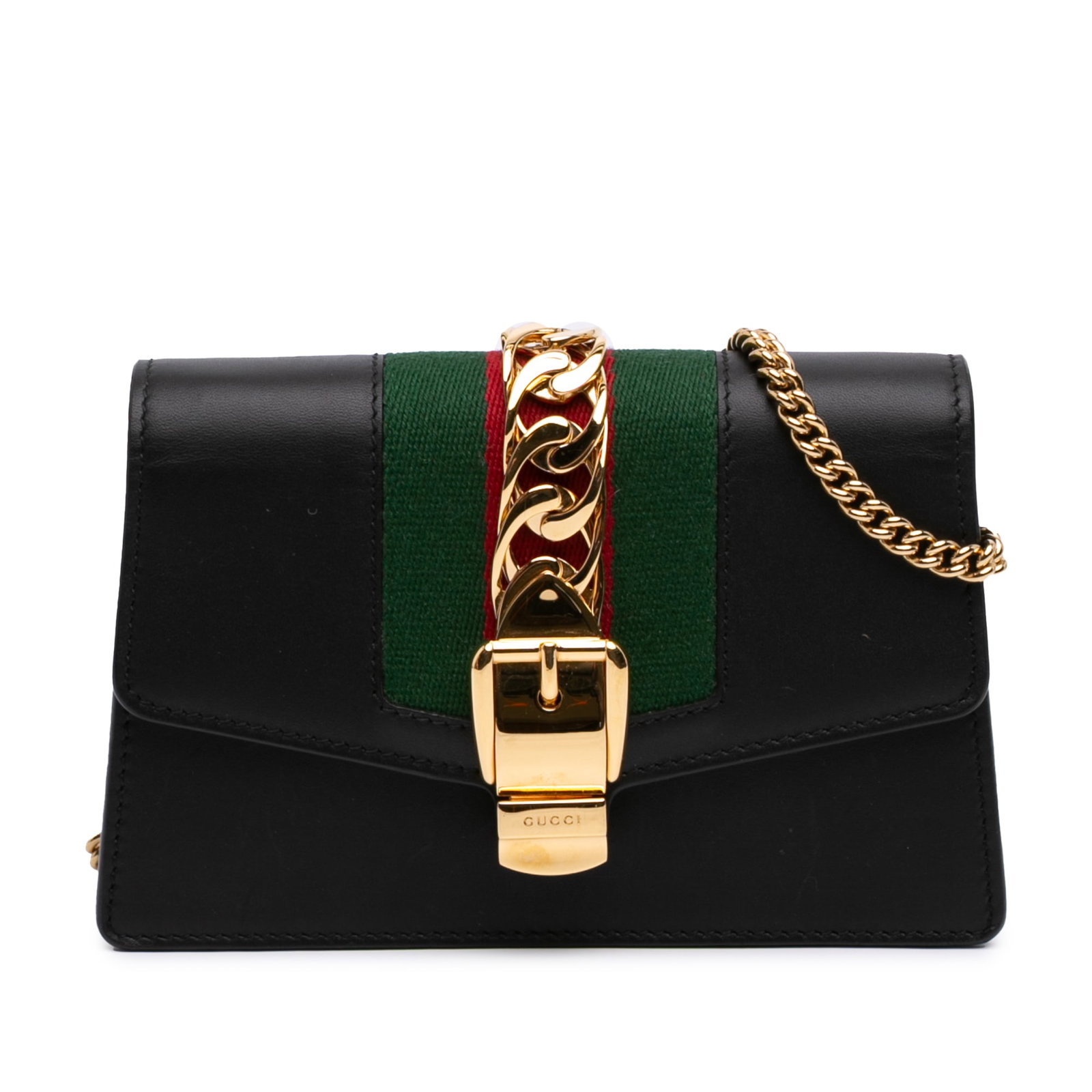 Gucci Sylvie Super Mini Chain Crossbody Black Calfskin Leather: Gucci Sylvie Super Mini Chain Crossbody Black Calfskin Leather Gucci Super Mini Calfskin Web Sylvie Chain Crossbody bag in black leather, made in Italy. It features a gold tone chain strap, a front fl