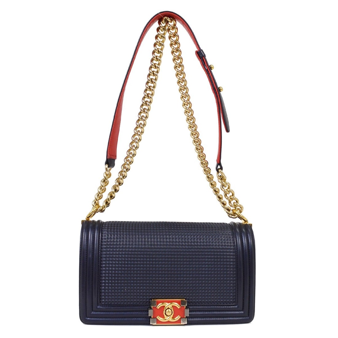CHANEL Boy Medium Shoulder Bag Navy Lambskin Single Chain: CHANEL Boy Medium Shoulder Bag Navy Lambskin Single Chain Vintage Chanel Boy Medium shoulder bag in navy cube embossed lambskin with silver-tone hardware and a push-lock closure. This women's shoulder