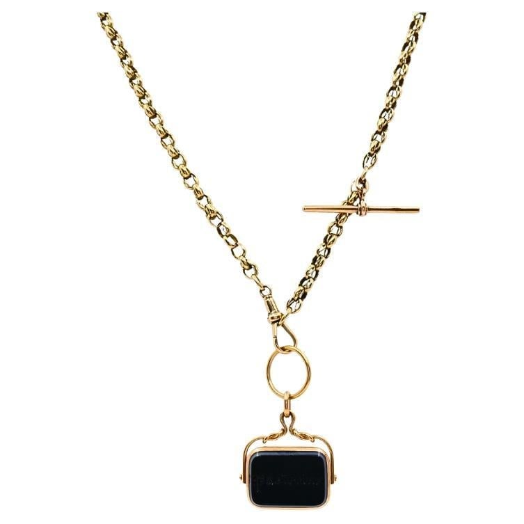 Set of 2 Antique 9k Gold Albert Chain and Bloodstone Agate Fob Pendant: Set of 2 Antique 9k Gold Albert Chain and Bloodstone Agate Fob Pendant Antique 9k gold Albert chain necklace with a double-sided spinner fob pendant set with bloodstone and agate panels. The chain fea
