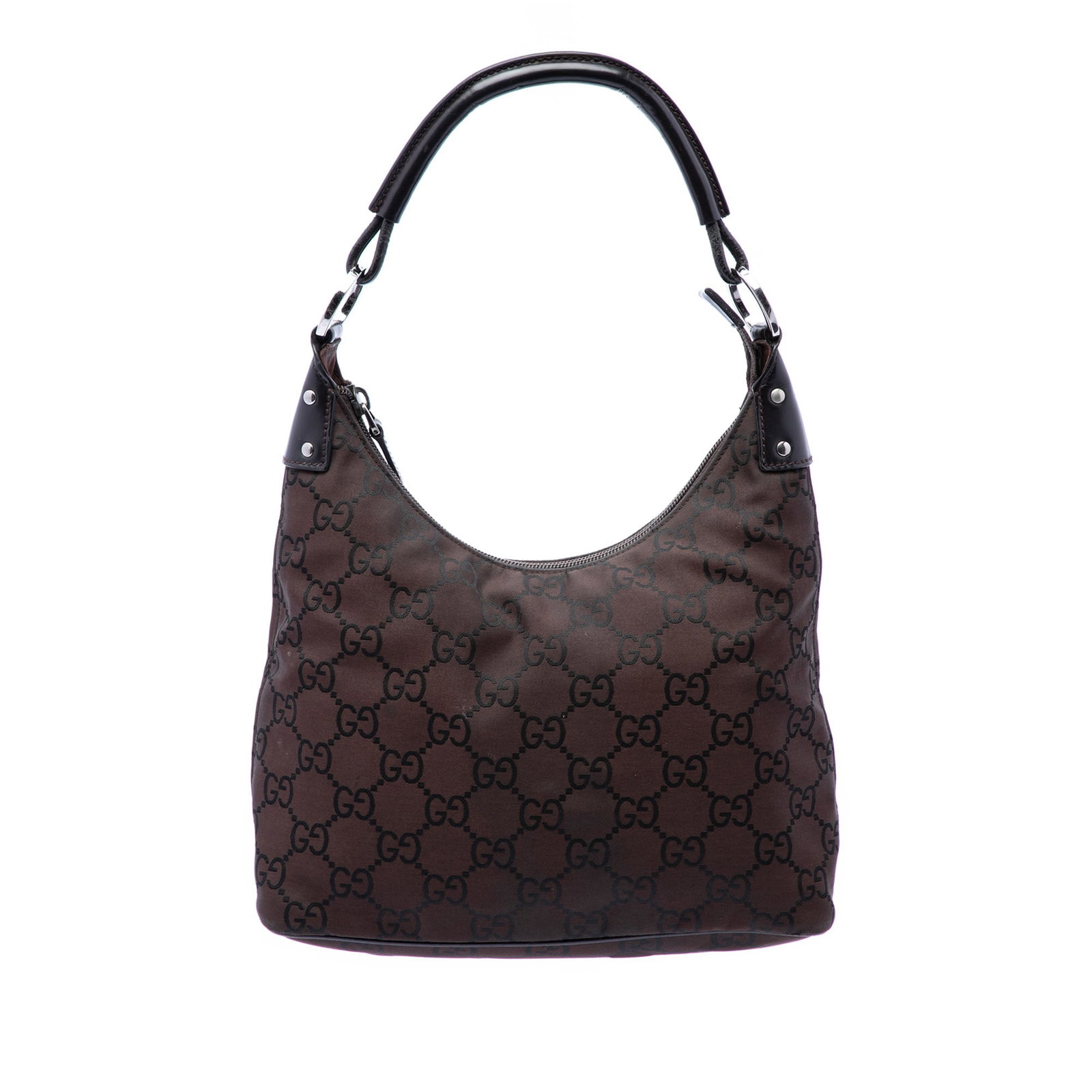 Gucci GG Nylon Brown Shoulder Bag with Leather Trim: Gucci GG Nylon Brown Shoulder Bag with Leather Trim Gucci GG Nylon Shoulder Bag with leather trim and a rolled leather strap. The bag features a top zip closure and an interior zip pocket. Condition i