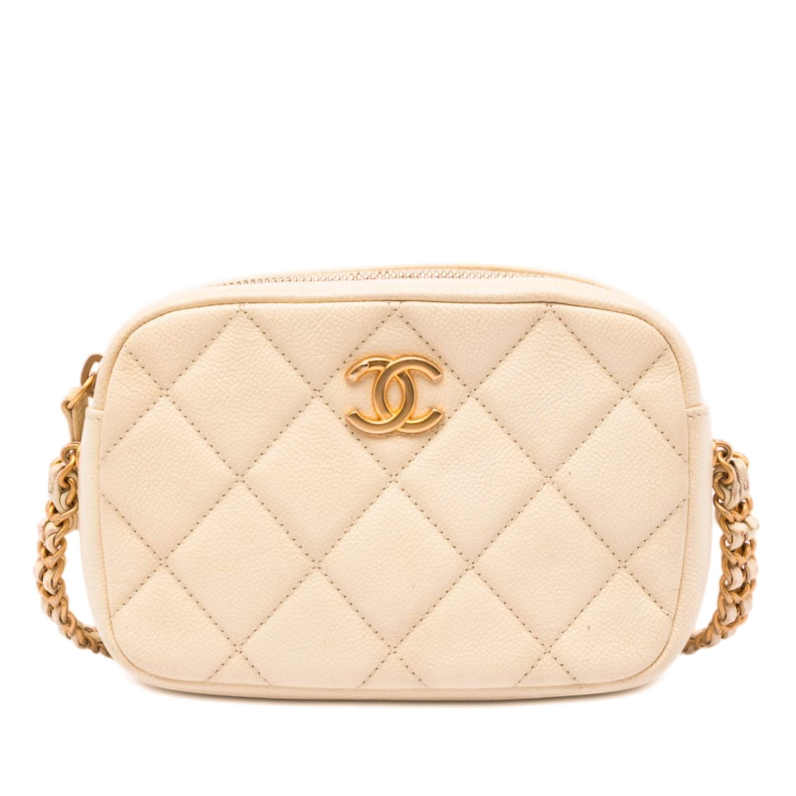 Chanel Melody Camera Bag in Beige Quilted Caviar Leather: Chanel Melody Camera Bag in Beige Quilted Caviar Leather A Chanel CC Quilted Caviar Melody Chain Camera Bag in beige, crafted in quilted caviar leather with a leather-woven chain strap. It features a 