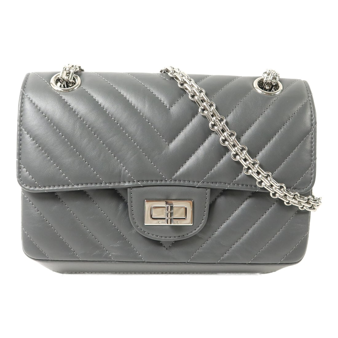 CHANEL Mini 2.55 AS0874 2way Shoulder Bag Gray Calfskin: CHANEL Mini 2.55 AS0874 2way Shoulder Bag Gray Calfskin CHANEL 2.55 Mini 2 Way Shoulder Bag in gray calfskin (cowhide) leather. This women's bag features a turn lock closure, a gray frame color, and a