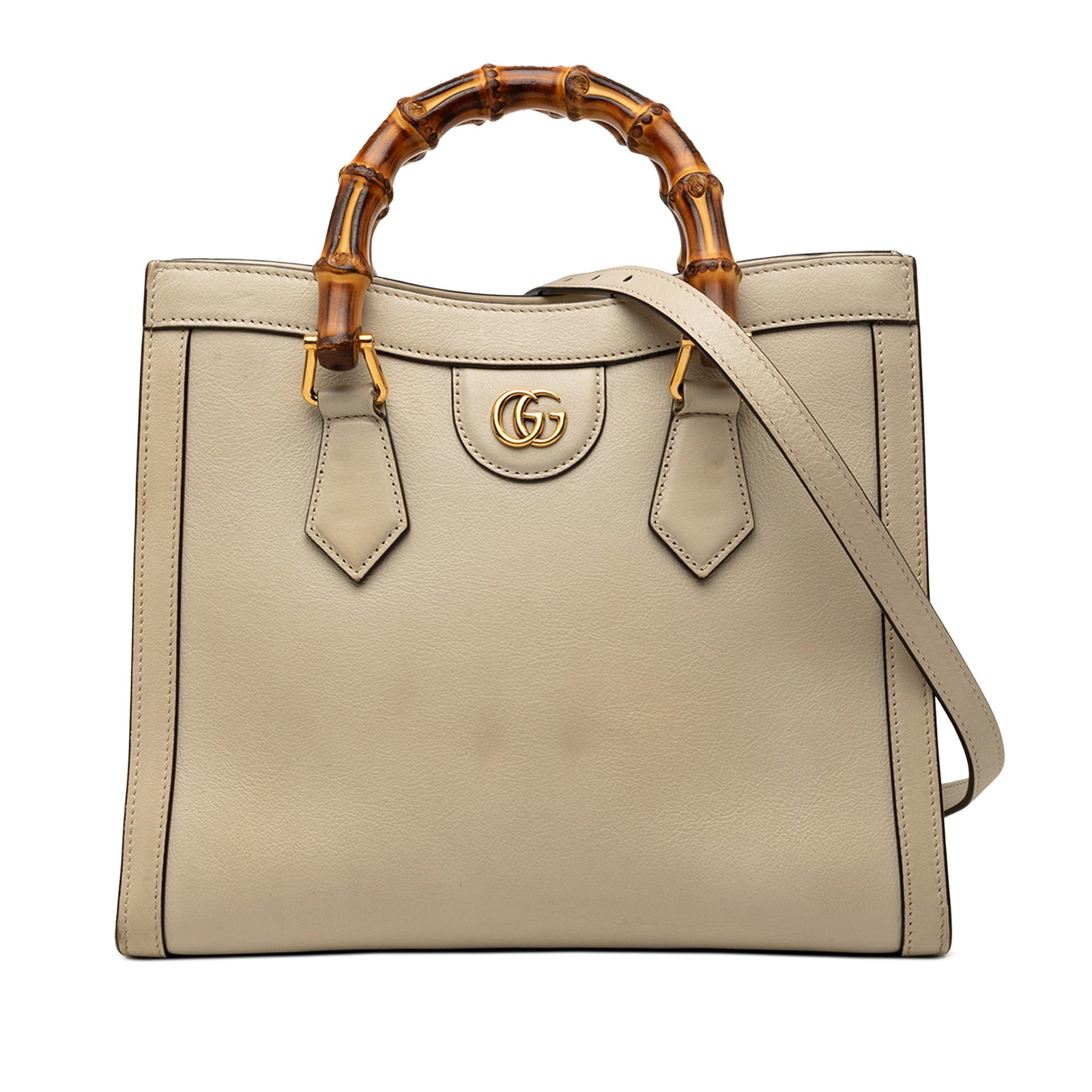 Gucci Diana Medium Bamboo Handle Leather Satchel Beige: Gucci Diana Medium Bamboo Handle Leather Satchel Beige Gucci Medium Calfskin Bamboo Diana Satchel in beige leather with bamboo handles and a detachable flat leather strap. The satchel features an open